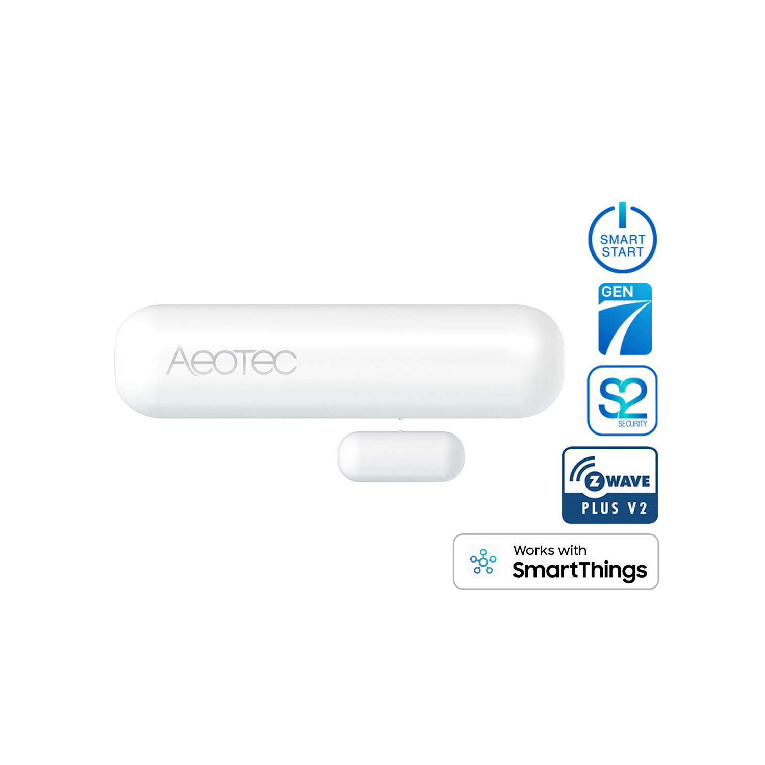 Weißer Aeotec-Sensor mit zwei Teilen. Enthält SmartStart-, Gen7-, S2 Security-, Z-Wave Plus V2- und SmartThings-Logos.
