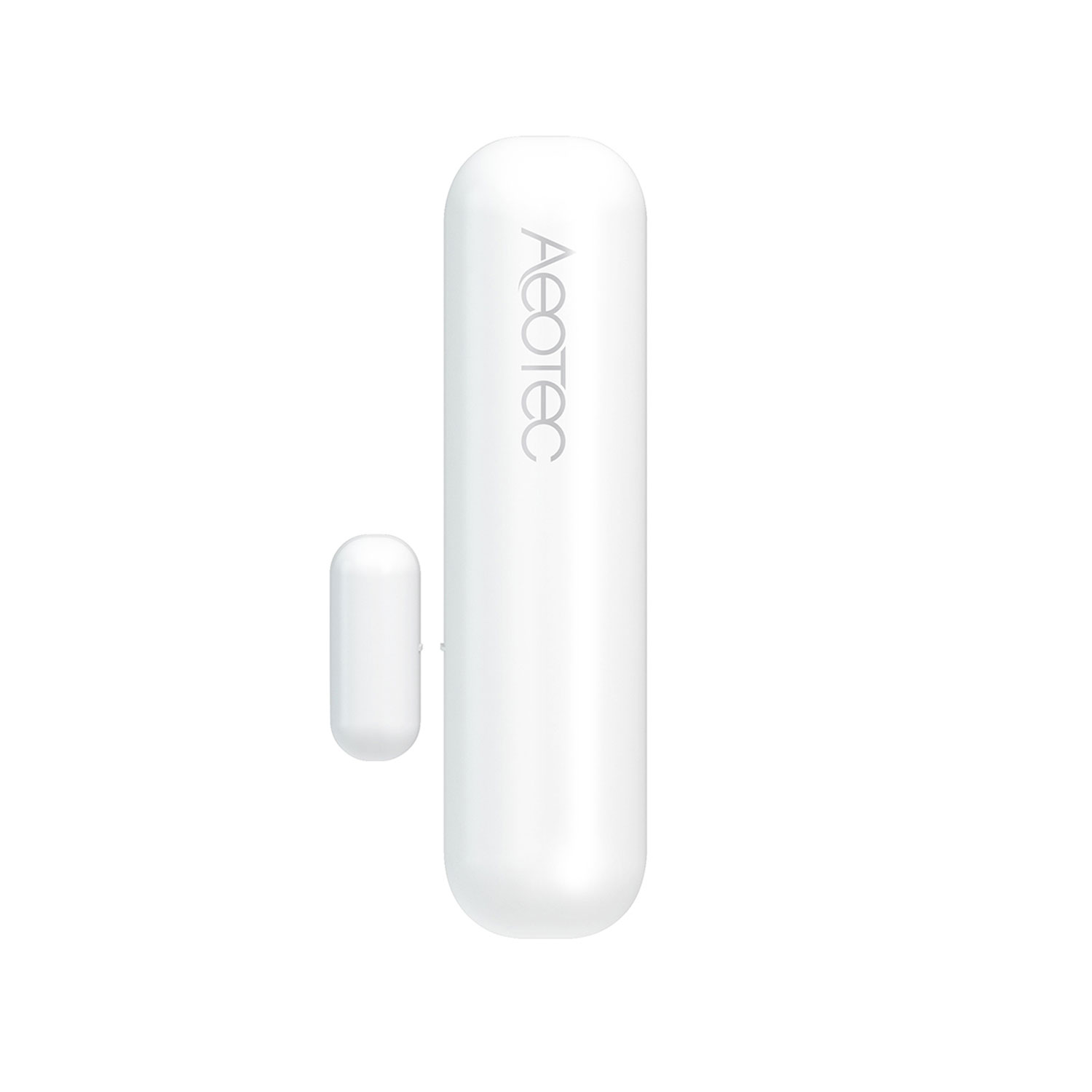 Weißer Aeotec-Türsensor auf weißem Hintergrund. Er besteht aus zwei Teilen, einem großen Rechteck und einem kleinen Oval, beide weiß.