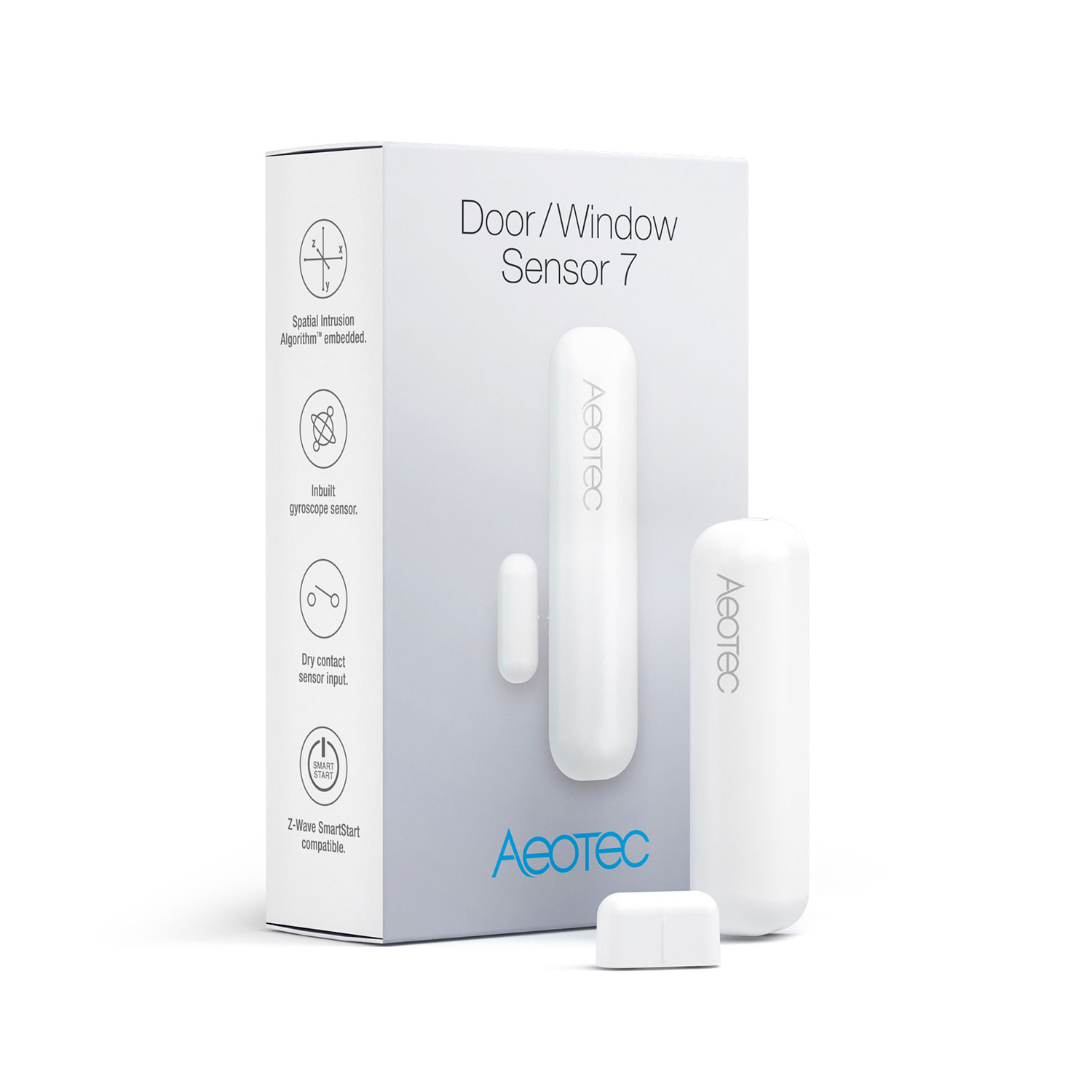 Ein weißer Aeotec Tür-/Fenstersensor 7 mit Karton. Der Karton enthält Details wie Z-Wave SmartStart und einen eingebauten Gyroskopsensor.