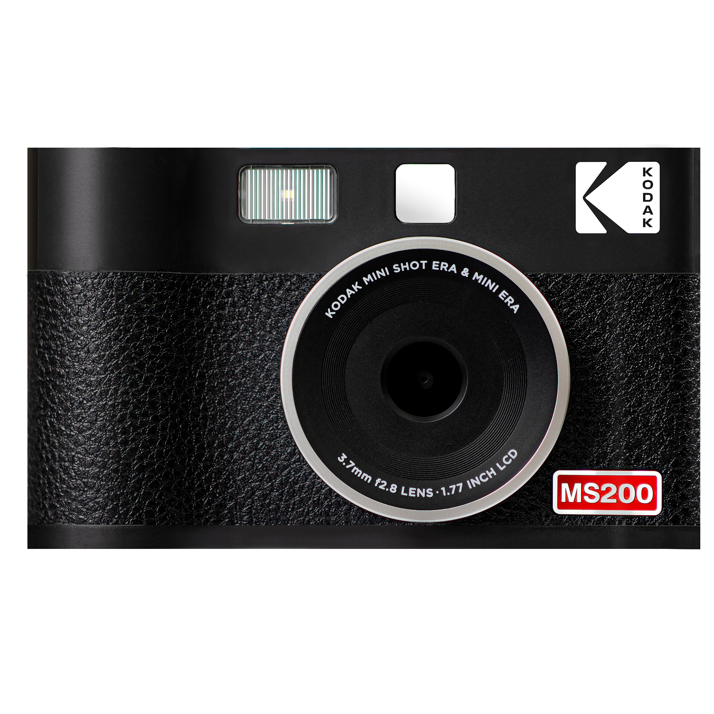 Siyah bir Kodak Mini Shot kamera gösteriliyor. Bir lensi, flaşı ve Kodak logosu var. MS200 model adı görünür.