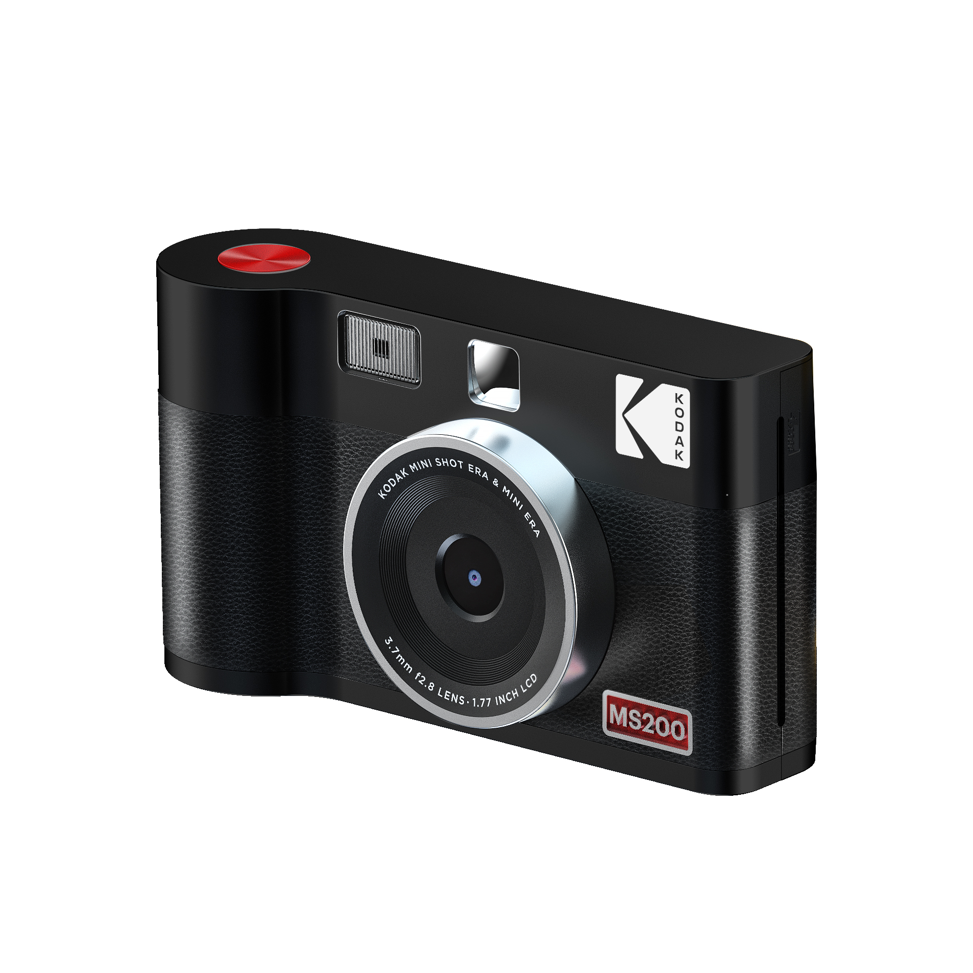 Siyah bir Kodak Mini Shot kamera gösteriliyor. Kırmızı bir düğmesi ve gümüş bir lensi var. Ekranda MS200 yazıyor.