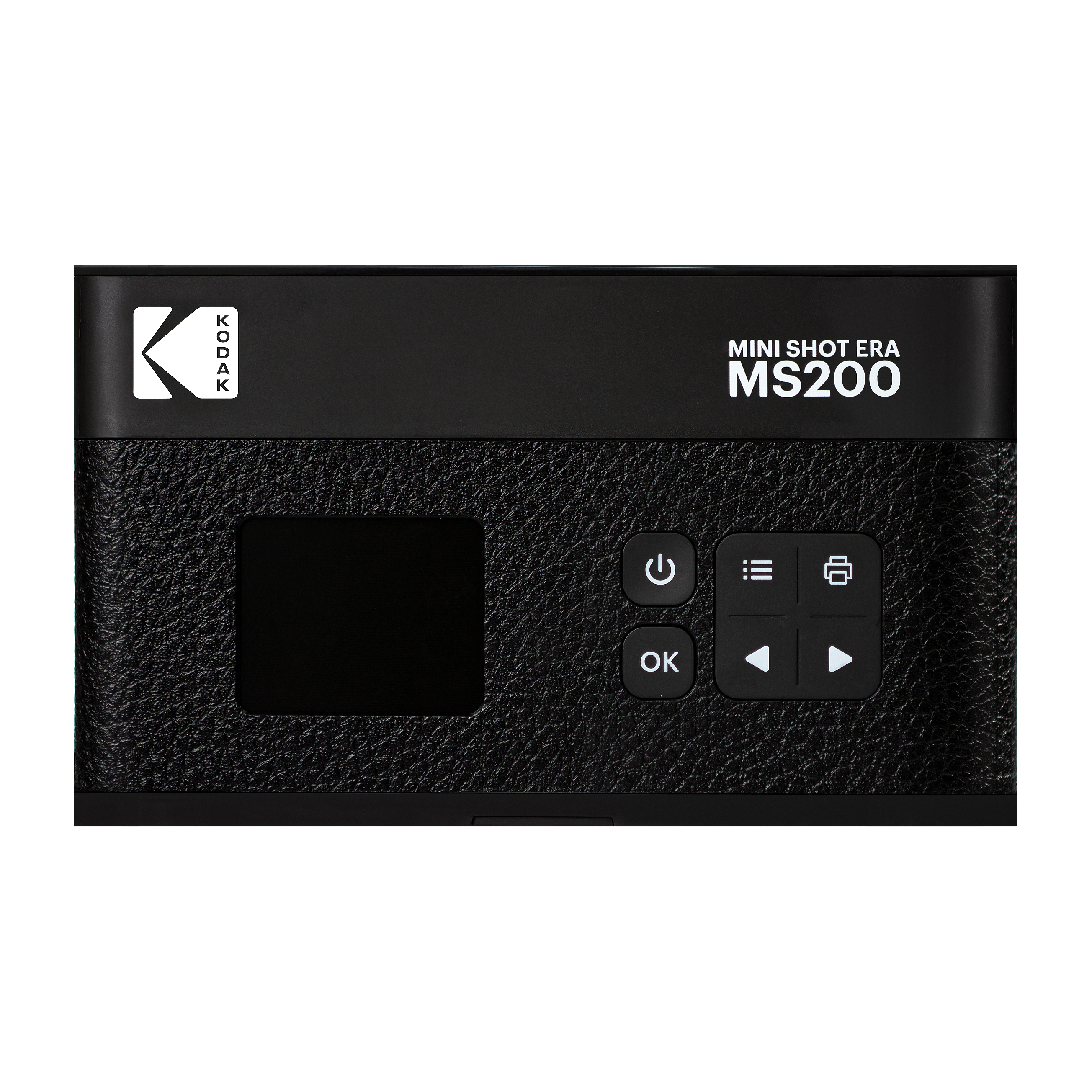 Siyah Kodak Mini Shot Era MS200 kamera. Ekranı, düğmeleri ve Kodak logosu var. Beyaz zemin üzerinde.