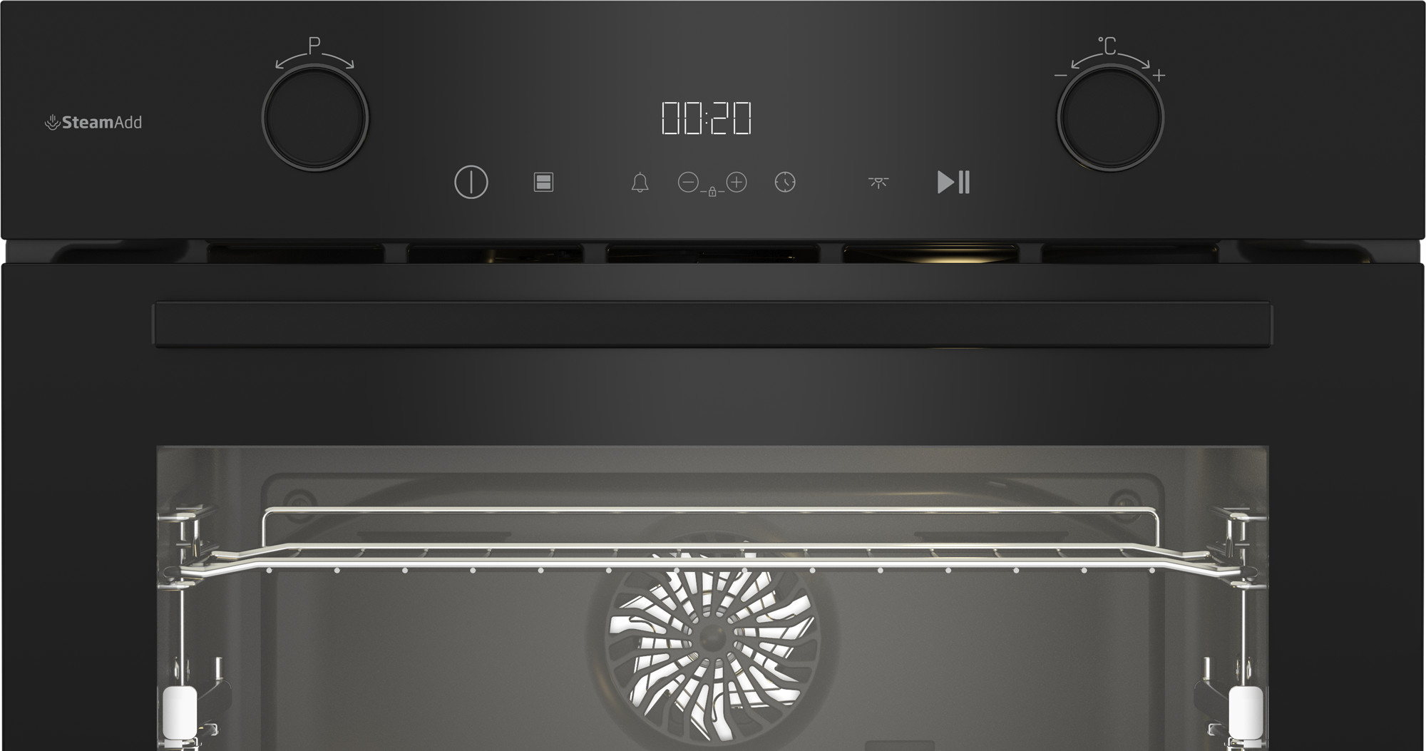 Czarny piekarnik z cyfrowym wyświetlaczem 00:20. Pokrętła, przyciski i wentylator w środku. Widoczne logo SteamAdd.