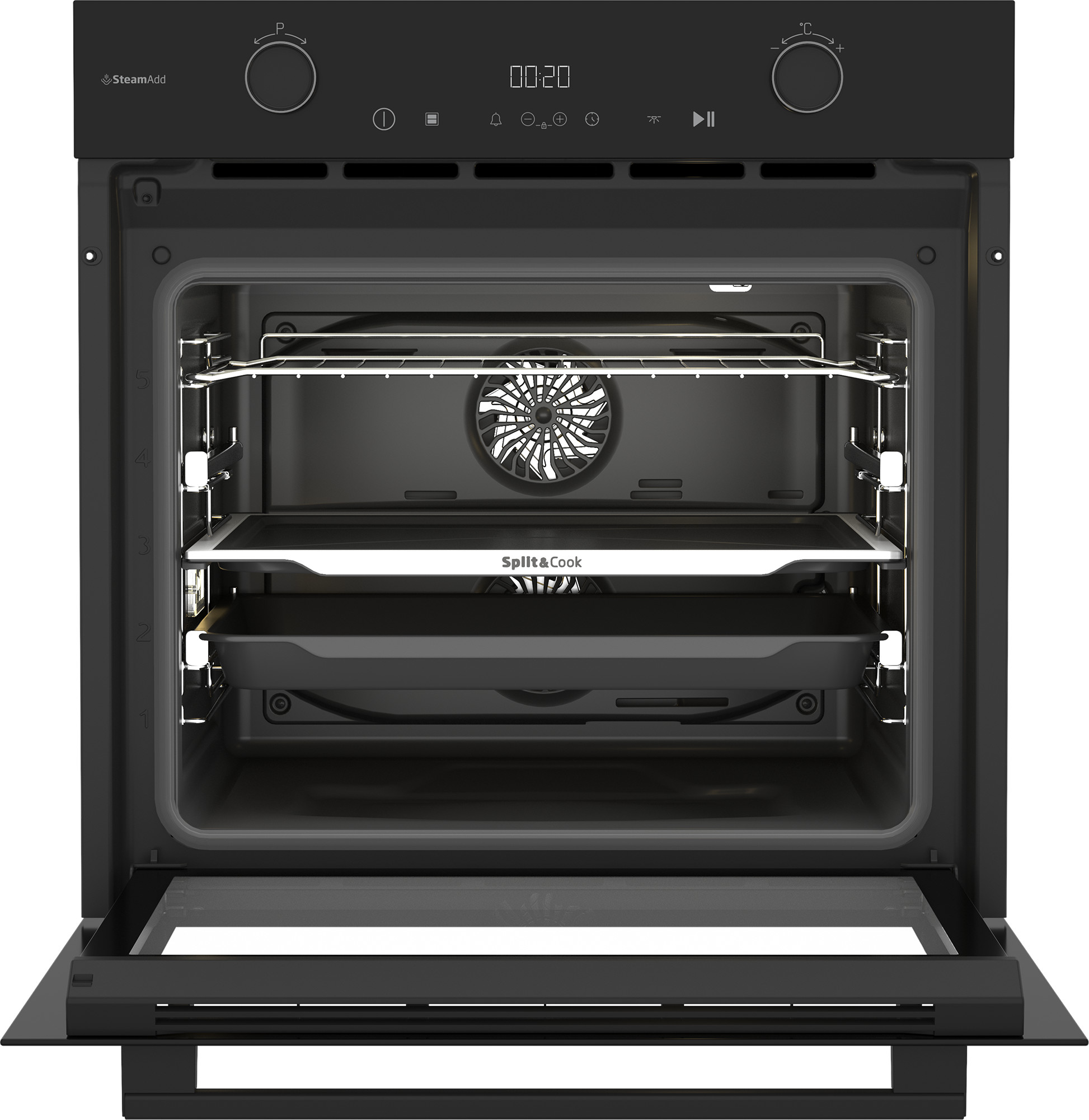 Otwarty czarny piekarnik z wewnętrznymi półkami, wentylatorem i tacami. Wyświetlacz cyfrowy pokazuje czas. Drzwi otwarte.
