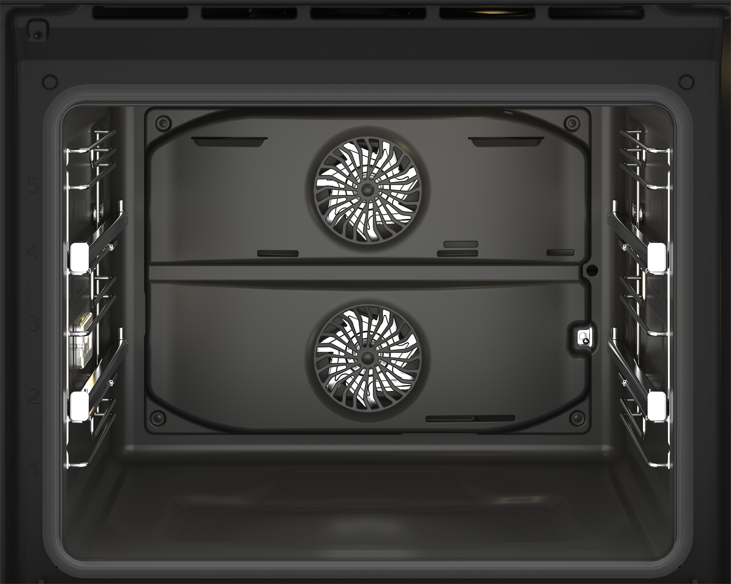 Widok wewnątrz piekarnika. Widoczne są dwa wentylatory, a poziomy rusztu są ponumerowane. Piekarnik jest ciemnoszary.