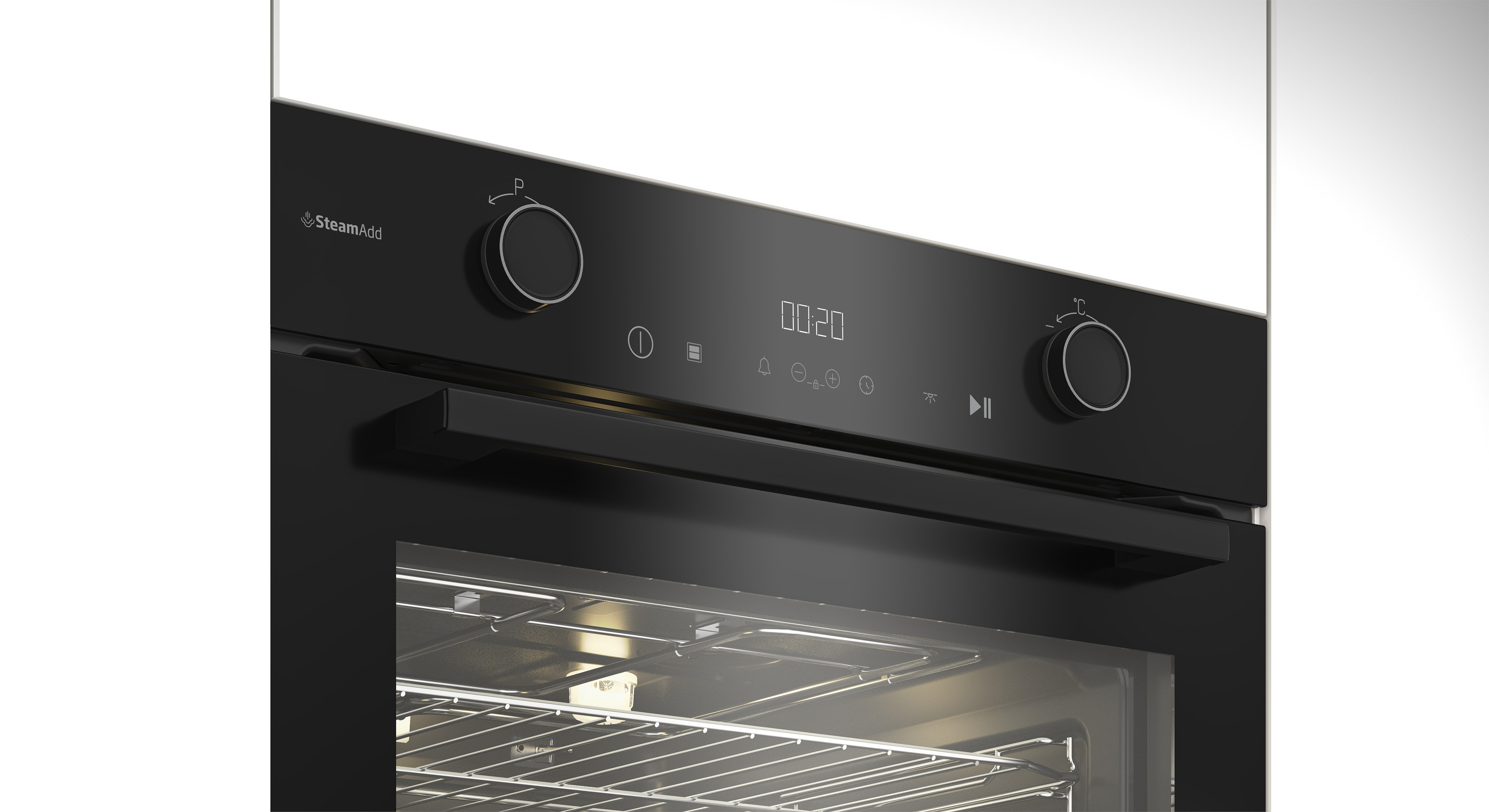 Zbliżenie czarnego piekarnika. Ma dwa pokrętła, wyświetlacz cyfrowy i uchwyt. Drzwi piekarnika są częściowo otwarte.