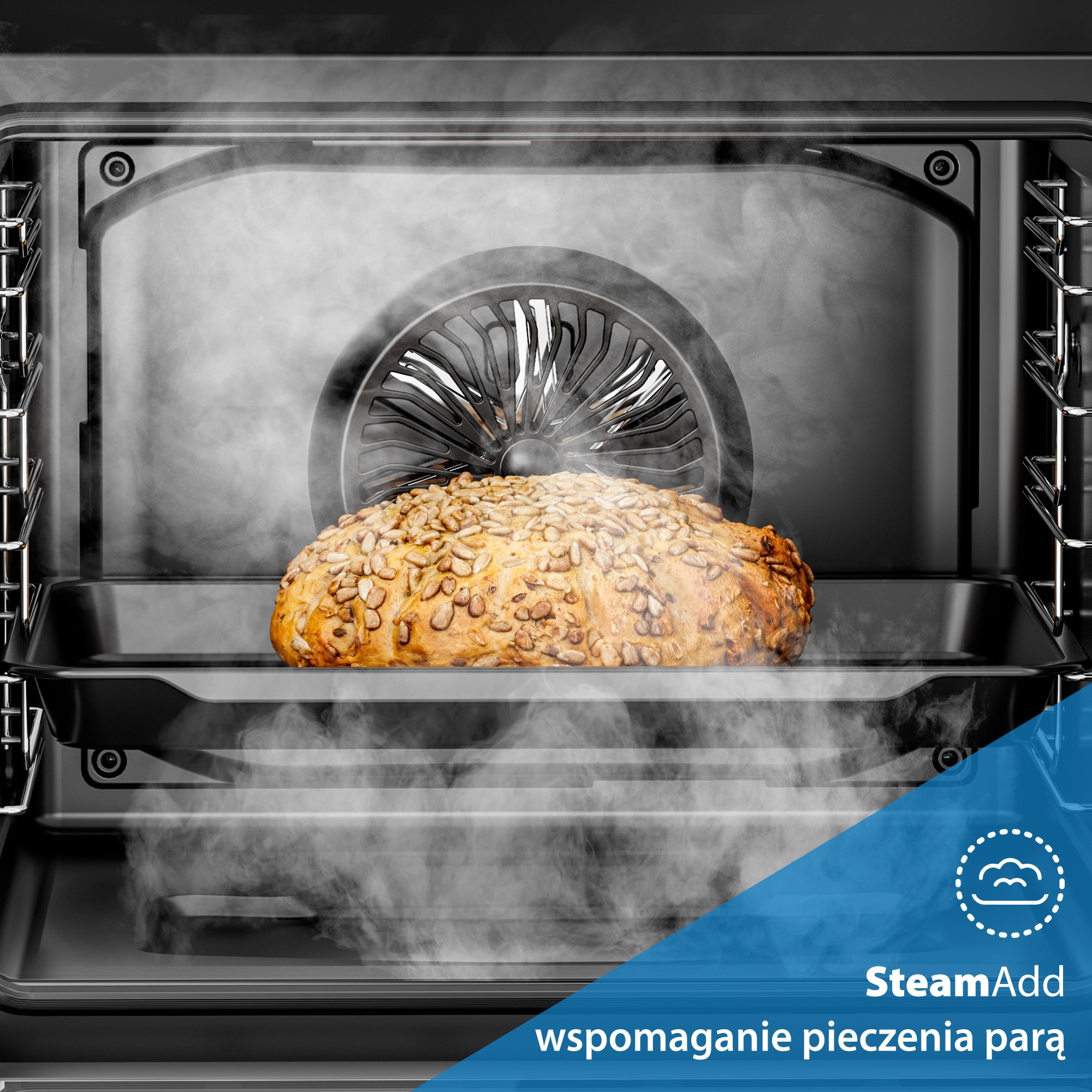 W piekarniku paruje bochenek chleba ze słonecznikiem. Tekst SteamAdd jest widoczny w prawym dolnym rogu.