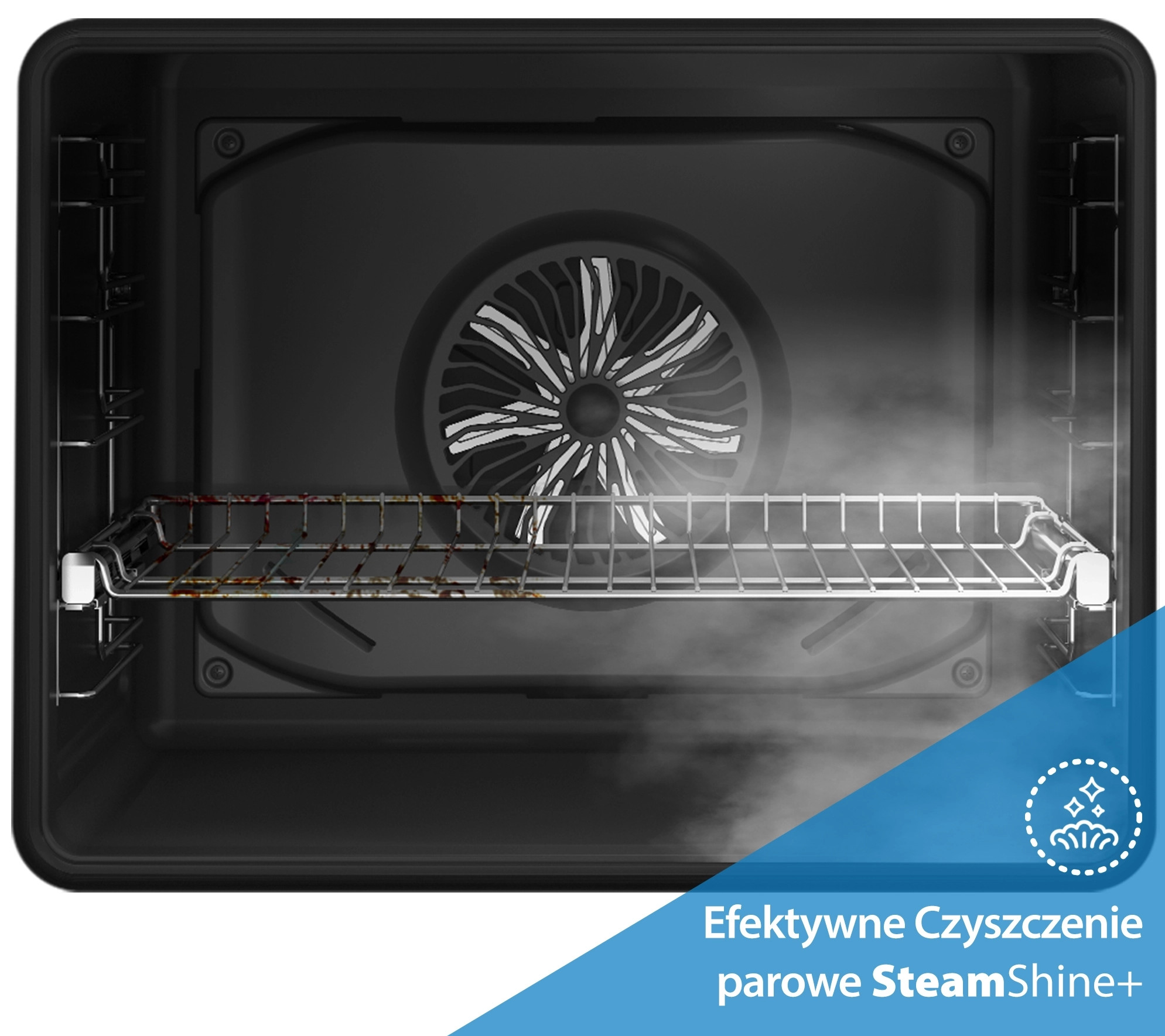 Wnętrze czarnego piekarnika z brudnym rusztem. Widoczna para i wentylator. Tekst mówi 'SteamShine+'.