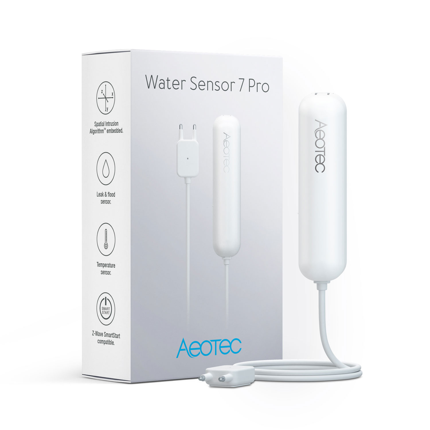 Eine weiße Aeotec Water Sensor 7 Pro Box mit Produkt- und Sensorbildern. Zu den Merkmalen gehören Leckageerkennung und Temperatursensor.