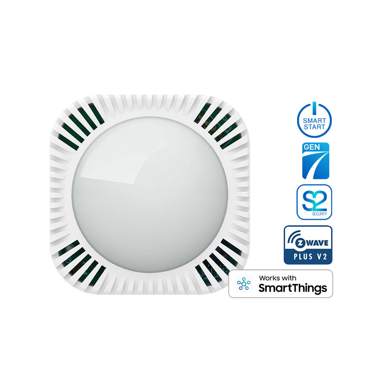 Ein weißes Smart-Home-Gerät mit zentralem Licht, umgeben von einem weißen Rahmen mit schwarzen Streifen. Symbole rechts.