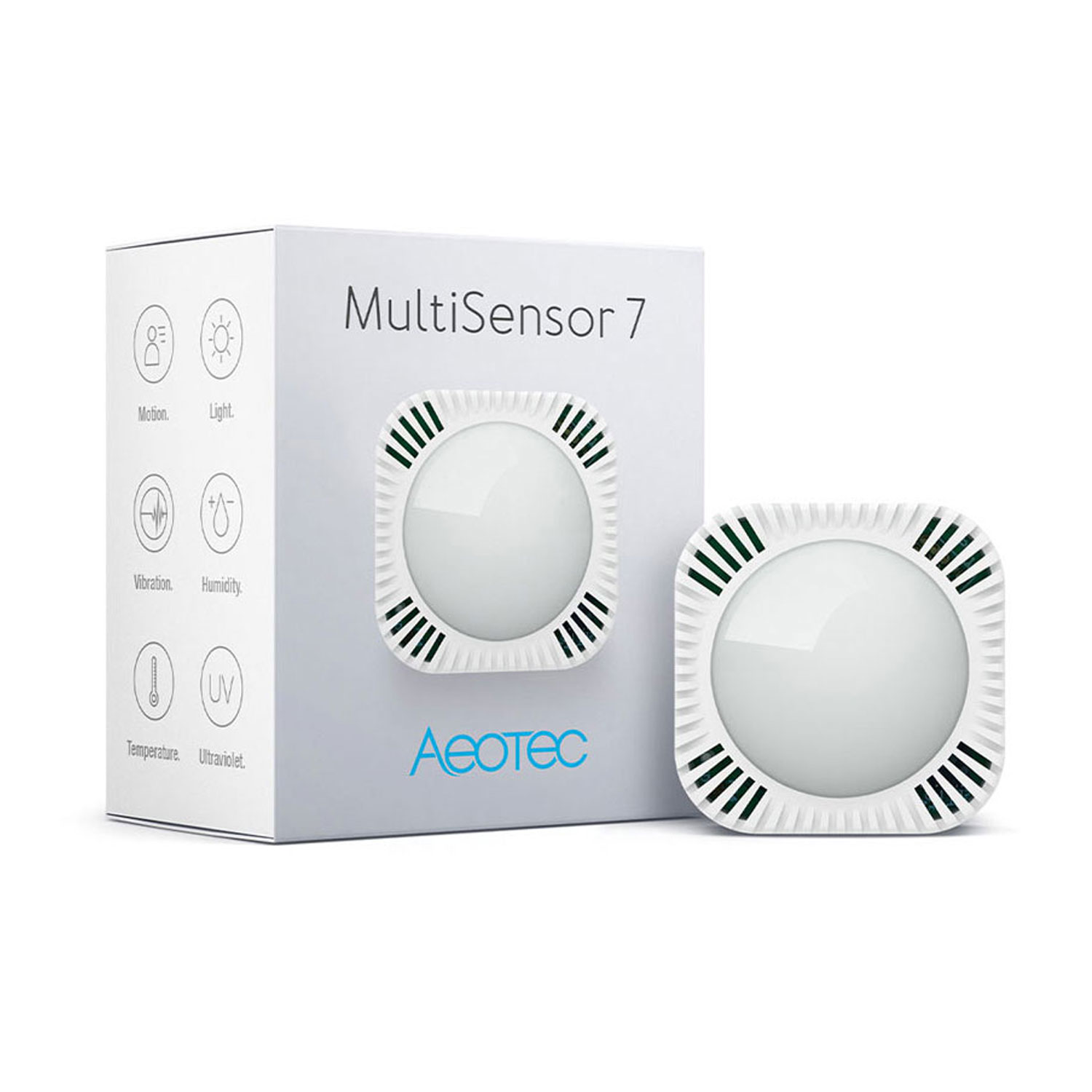 Eine weiße MultiSensor 7-Box und ein Sensor. Die Box zeigt Symbole für Bewegung, Licht, Vibration, Feuchtigkeit, Temperatur und UV.