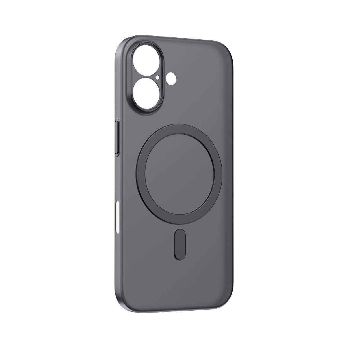 Koyu gri bir telefon kılıfı gösteriliyor. İki daire ve küçük bir nokta ile bir kamera oyuğuna sahip. Dairesel bir manyetik halka görülebilir.