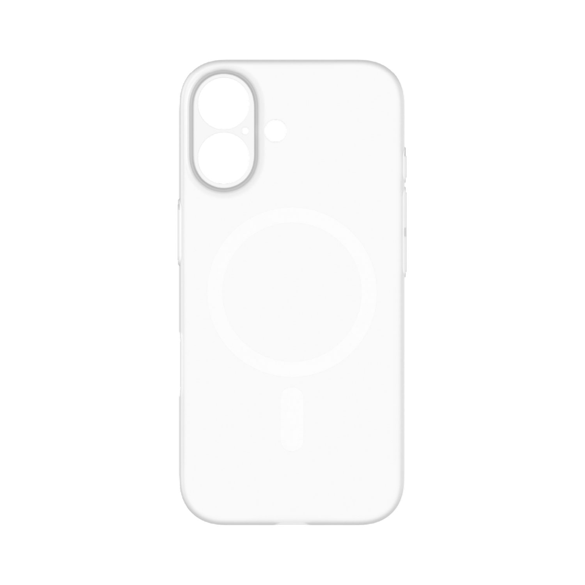 Kamera ve şarj portu hatları olan beyaz bir telefon kılıfı. Arkada dairesel bir tasarım ve üstte küçük bir nokta görülüyor.