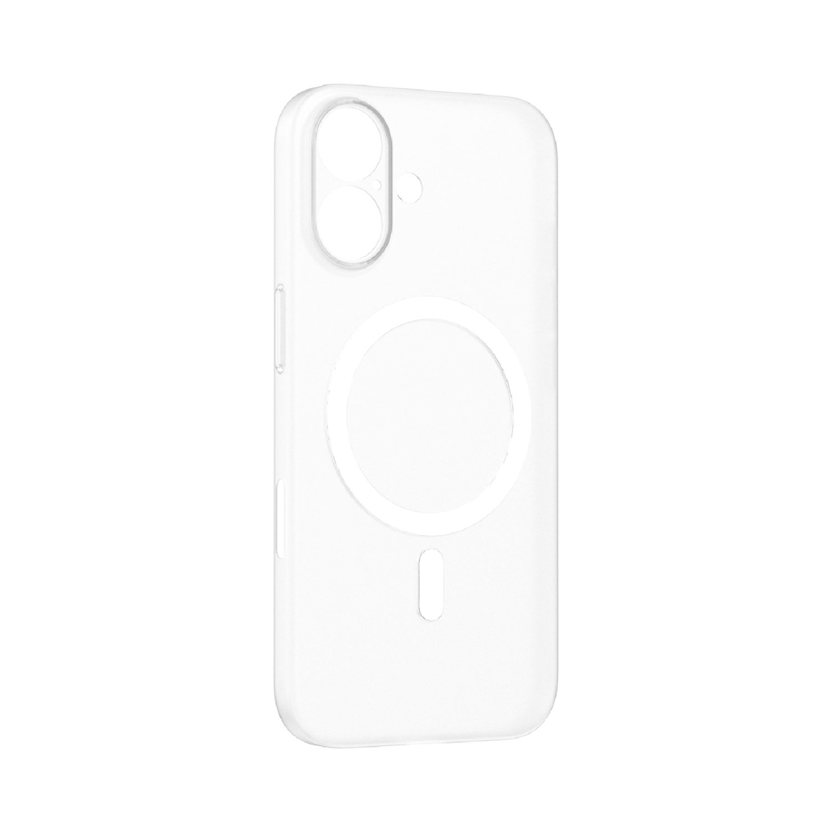 Şeffaf, beyaz bir telefon kılıfı. Kamera ve düğmeler için kesikleri, arkada dairesel ve dikey oval bir tasarımı var.