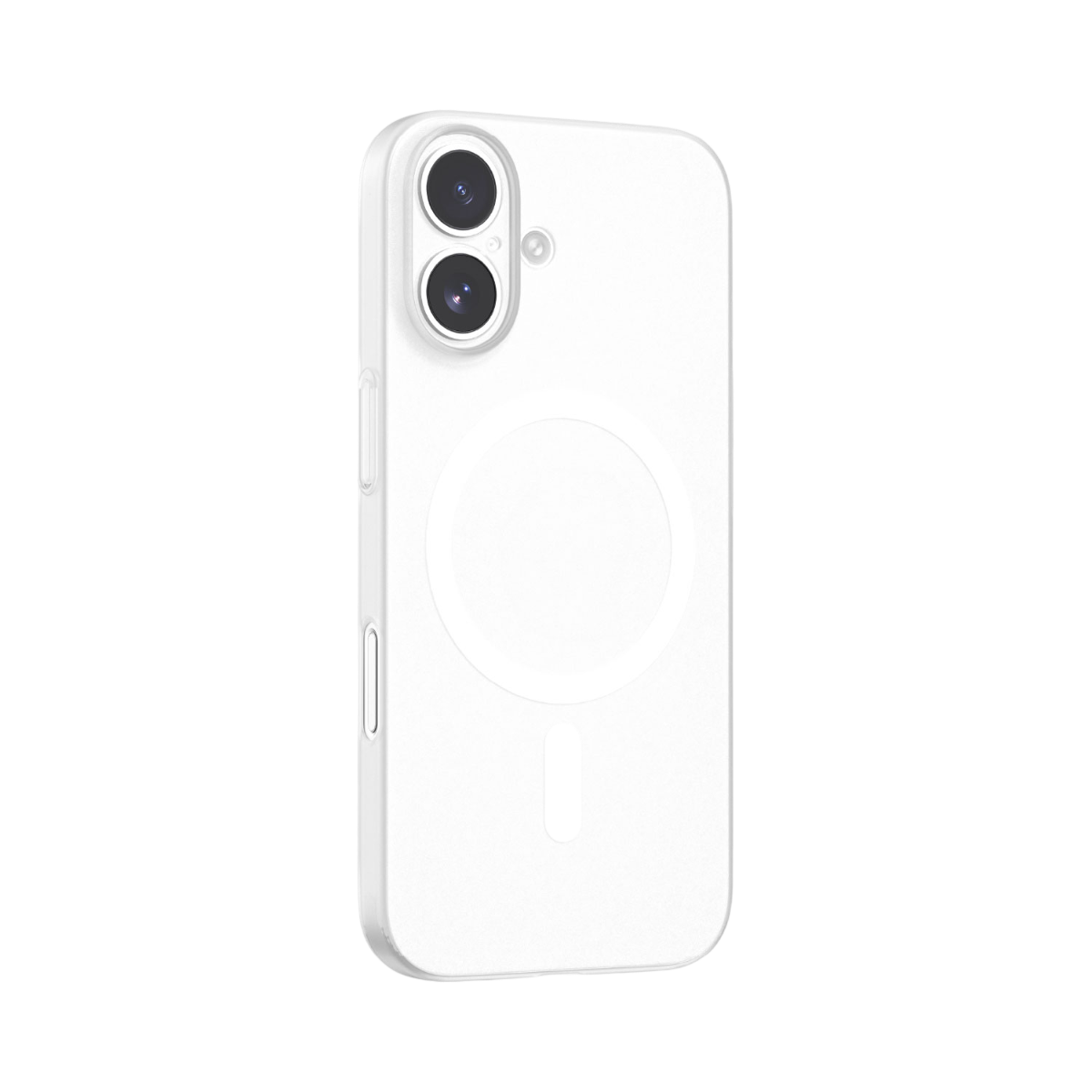 İki kamera lensi, dairesel bir özellik ve altta bir yuva bulunan beyaz bir telefon kılıfı. Arka plan siyah.
