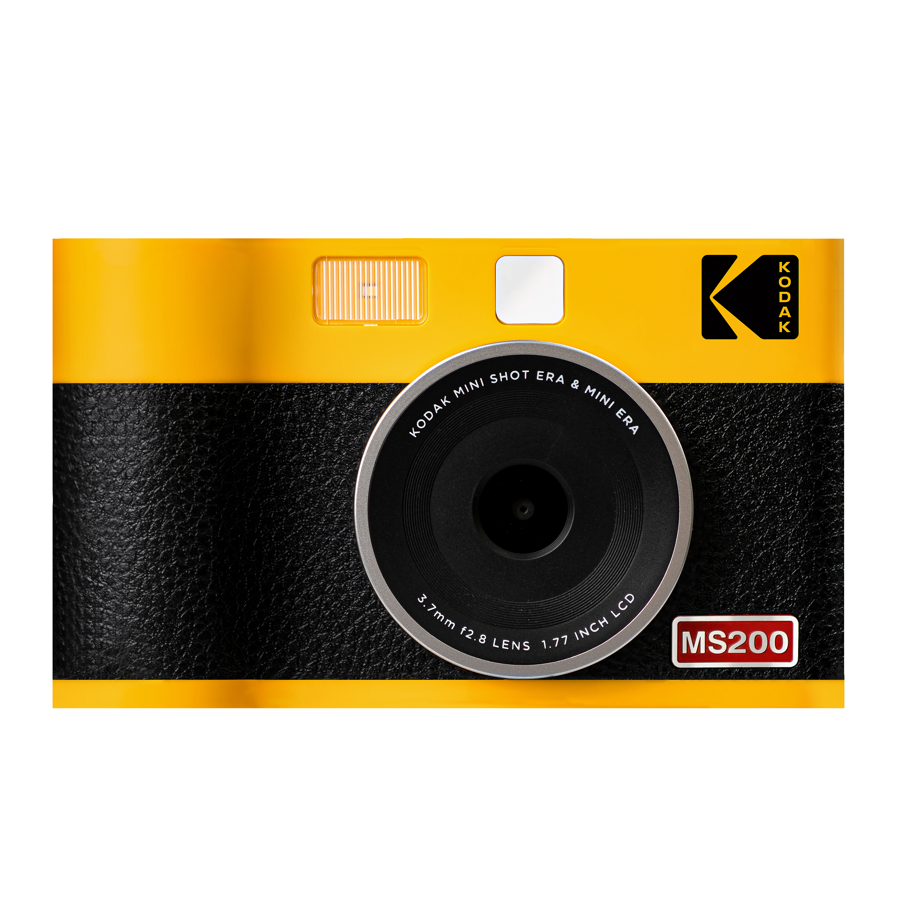 Sarı ve siyah bir Kodak kamera. Bir mercek, flaş ve Kodak logosu var. Model MS200.