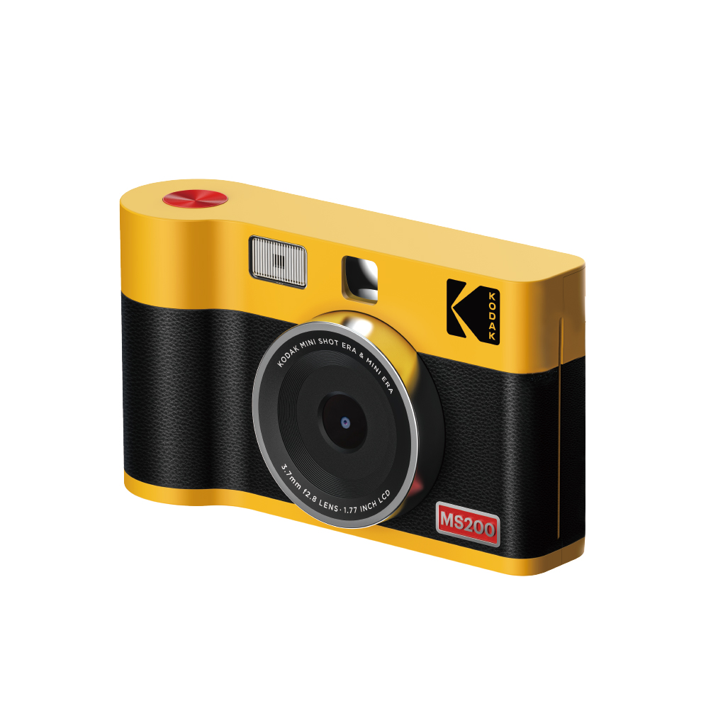 Sarı ve siyah bir Kodak MS200 fotoğraf makinesi gösteriliyor. Bir lensi, flaşı ve kırmızı düğmesi var. Kodak logosu görünür.