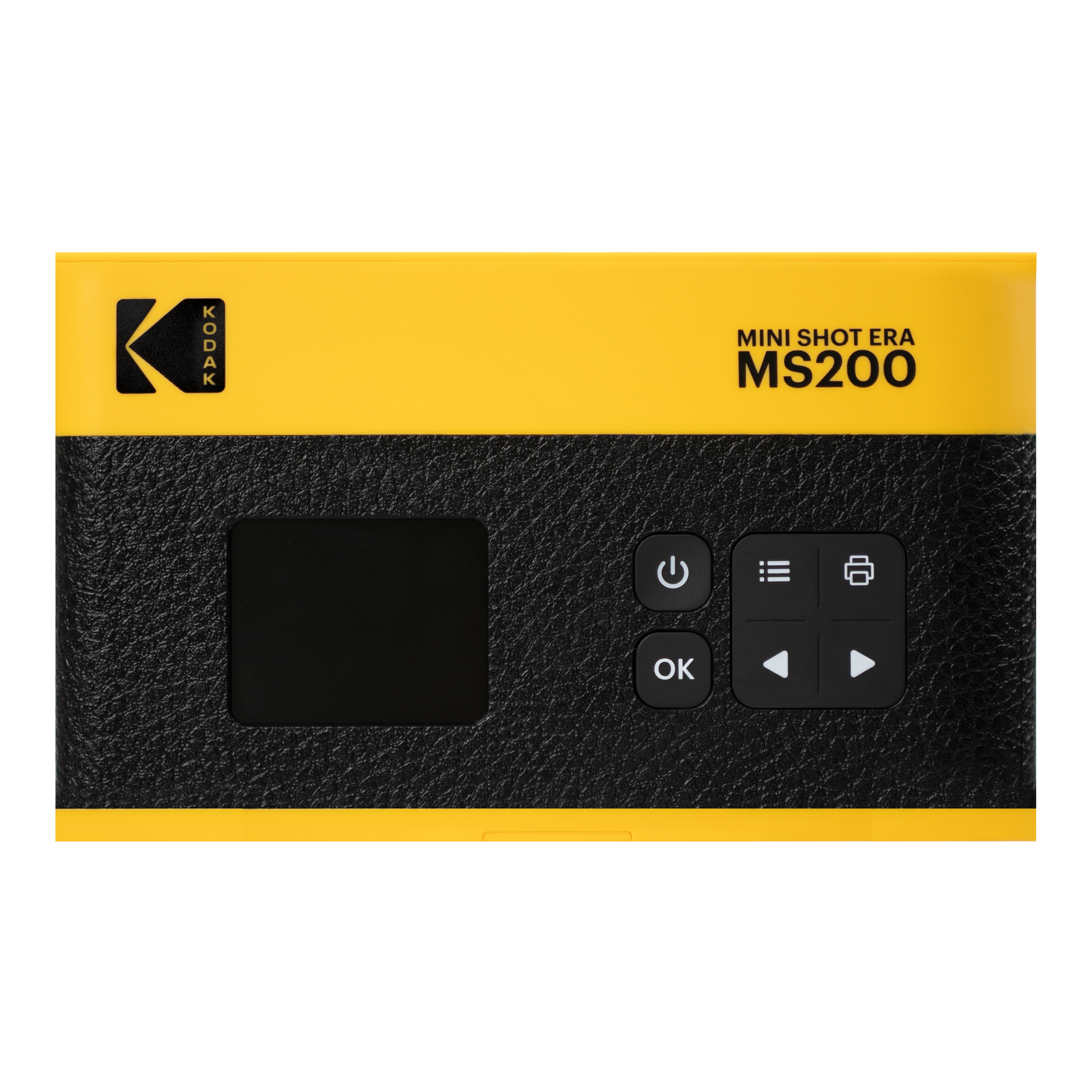 Sarı ve siyah Kodak Mini Shot Era MS200. Ekranı, düğmeleri ve Kodak logosu var.