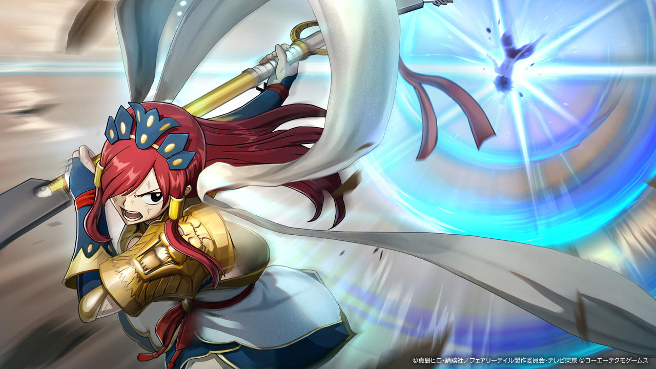 Anime-Figur mit roten Haaren, goldener Rüstung und Schwert, die mit einer blauen Energieexplosion posiert.