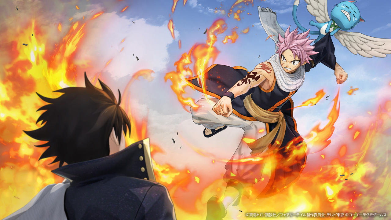 Anime-Szene mit zwei Charakteren. Einer startet einen Angriff inmitten von Flammen, der andere steht ihm gegenüber. Eine blaue Katze mit Flügeln ist ebenfalls vorhanden.