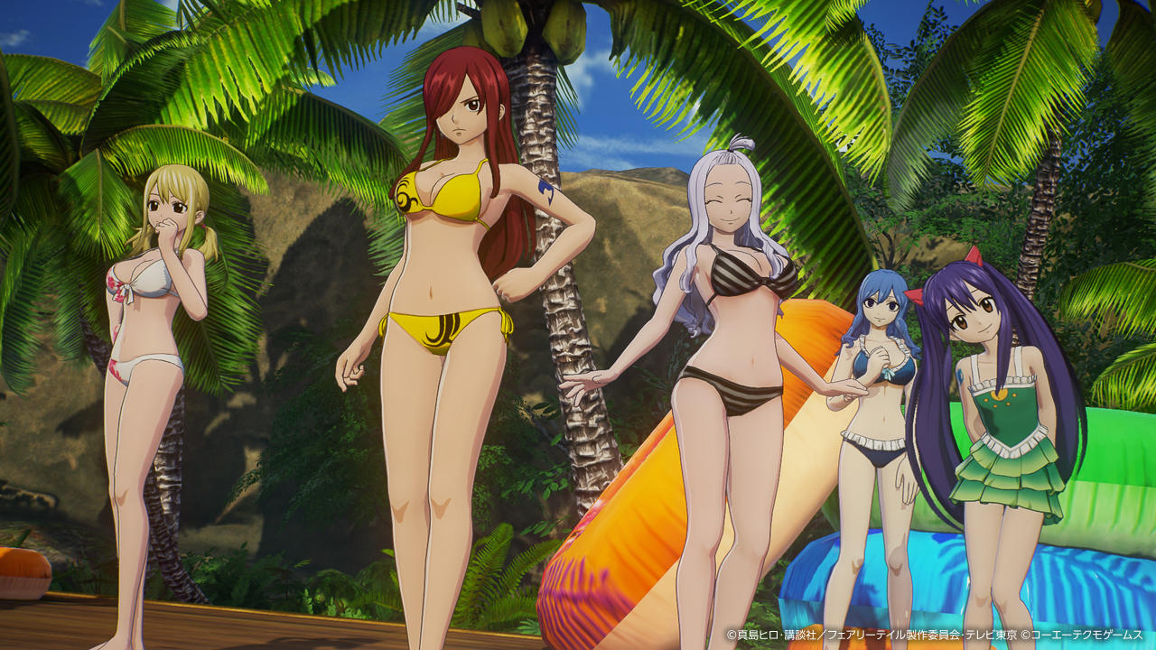 Anime-Charaktere in Badeanzügen stehen in der Nähe von Palmen. Einer hat einen gelben Bikini, andere haben weiße, schwarze, blaue und grüne. Der Hintergrund ist üppig.