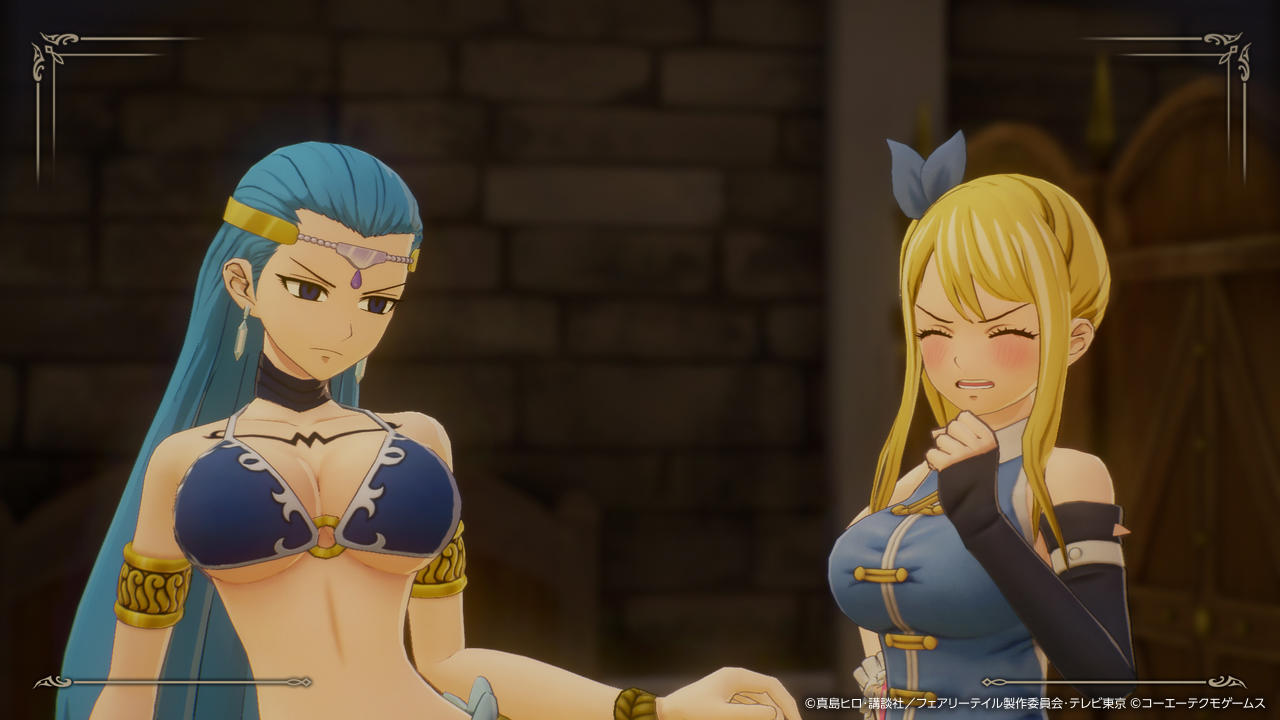 Zwei Anime-Frauen. Eine mit blauen Haaren und ernstem Gesicht, die andere blond mit schmerzverzerrtem Gesicht. Beide tragen freizügige Outfits.