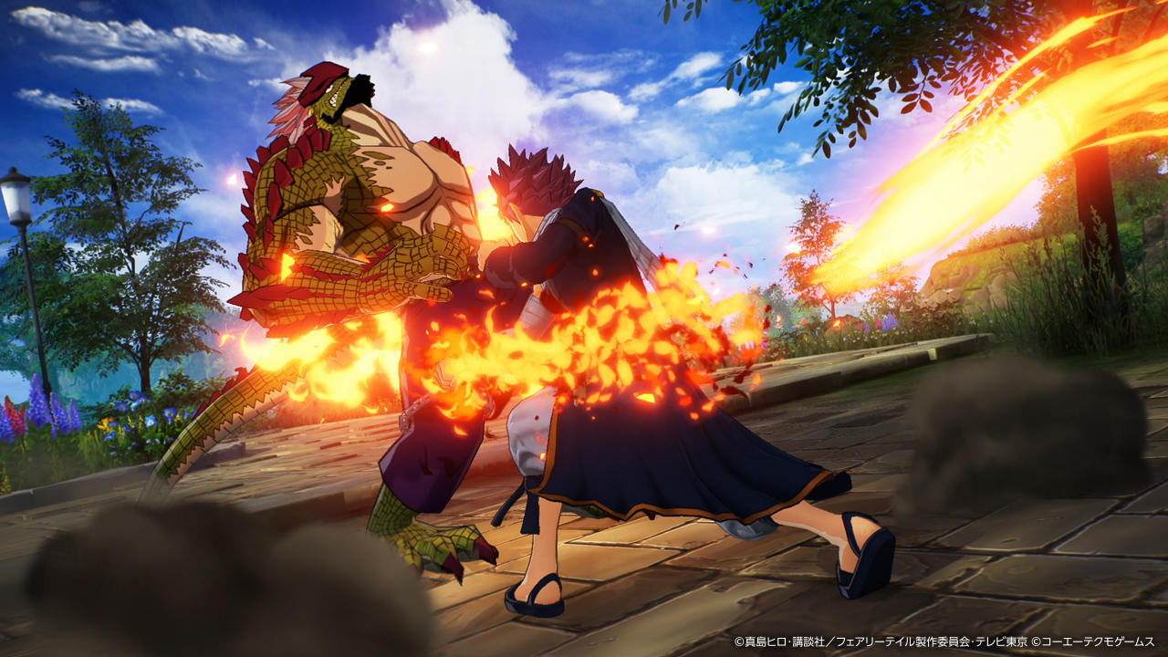 Anime-Szene mit zwei Charakteren, die mit Feuer kämpfen. Einer ist echsenartig, der andere ist ein Mensch mit Feuer um sich herum. Hintergrund ist ein Park.