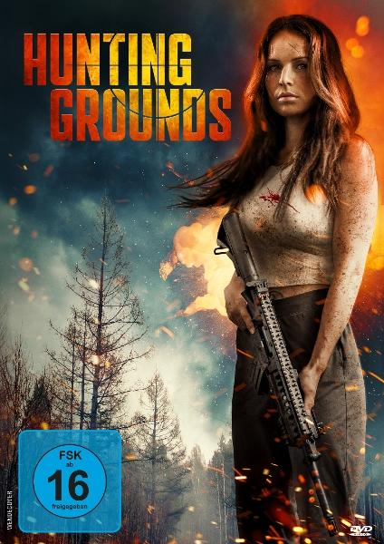 Eine Frau mit Gewehr steht vor einem Wald mit brennendem Hintergrund. Der Titel 'Hunting Grounds' steht oben.
