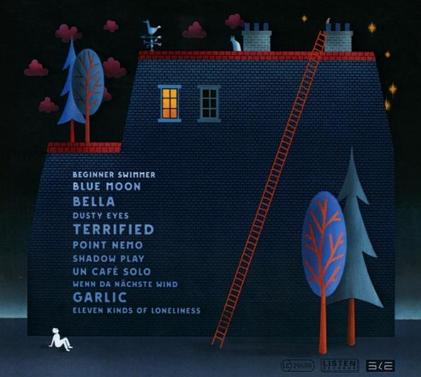 Illustration eines Hauses mit Leiter, Bäumen und einer Person. Nachtszene mit Sternen. Text auf der Seite.