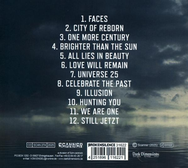CD-Cover. Dunkler Himmel über Wasser. Der Text listet Songtitel auf: Faces, City of Reborn, One More Century, usw.