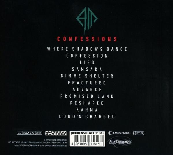 Albumcover mit dunklem Hintergrund. Der Titel ist "CONFESSIONS" und eine Liste von Liedern. Oben befindet sich ein Logo.