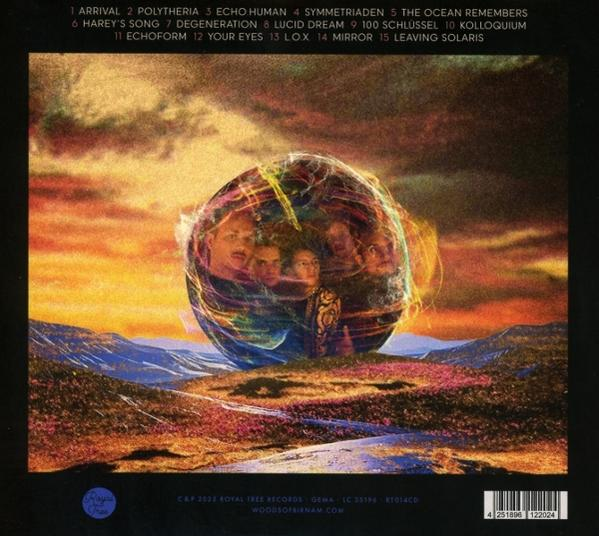 Albumcover: Eine Kugel mit Gesichtern schwebt über einer Landschaft mit Bergen und buntem Himmel.