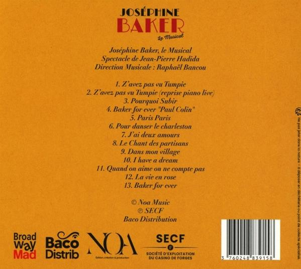 CD-Cover. Titel: Joséphine Baker, le Musical. Enthält eine Titelliste, Logos und einen Barcode.