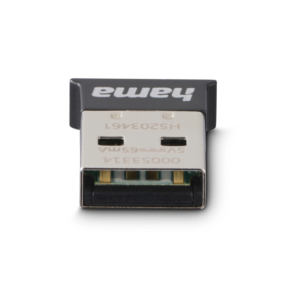Nahaufnahme eines schwarzen und silbernen USB-Adapters. Das Wort "hama" ist oben aufgedruckt. Technische Details sind sichtbar.