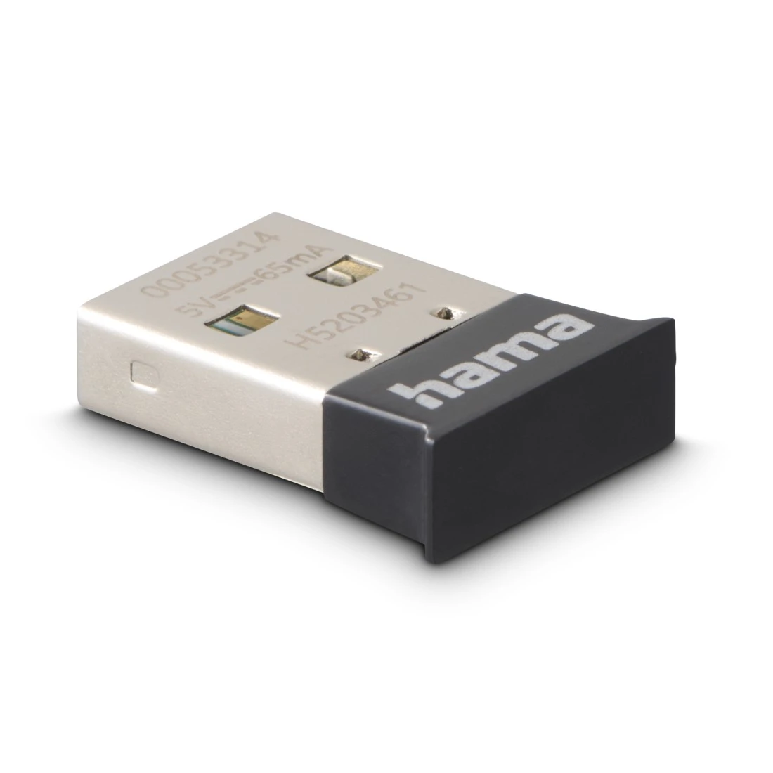 Ein silberner USB-Dongle mit schwarzer Kappe. Der Dongle hat Text, und der Markenname 'hama' ist sichtbar.