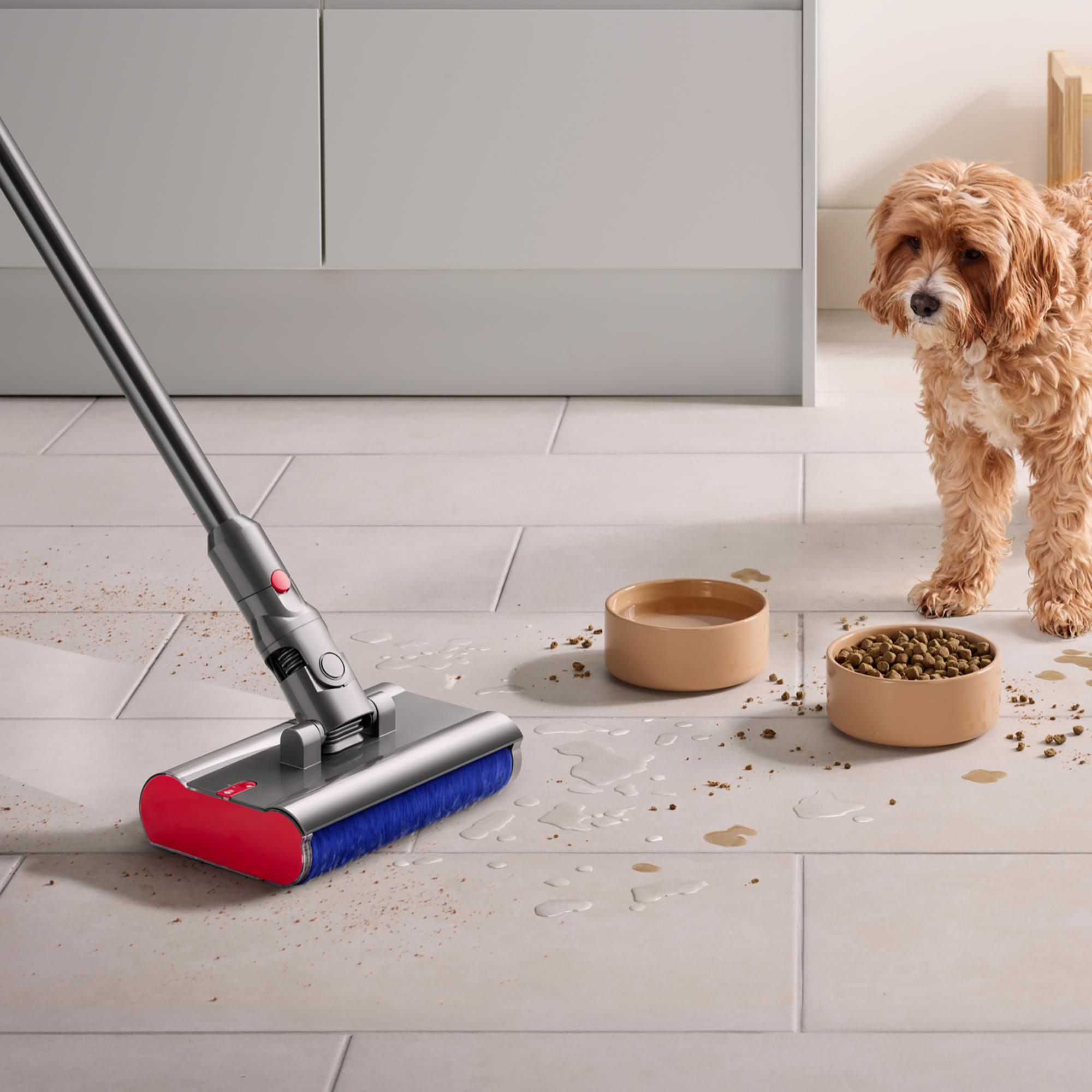 Ein Hund steht neben Futternäpfen auf einem gefliesten Boden, ein Staubsauger reinigt verschüttetes Futter und Wasser.