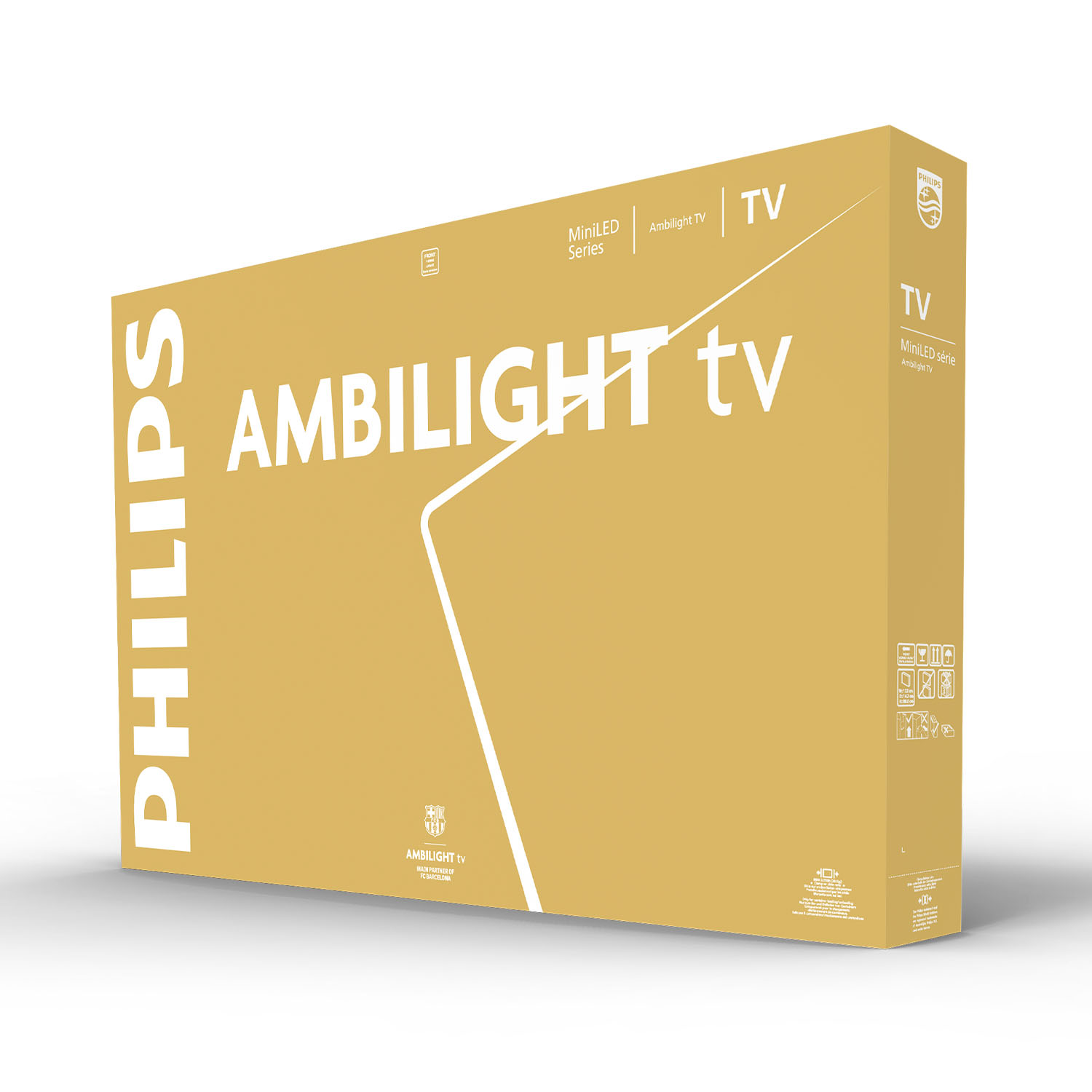 Una caja dorada con 'PHILIPS' y 'AMBILIGHT tv' escrito. También muestra 'MiniLED Series' y logotipos.