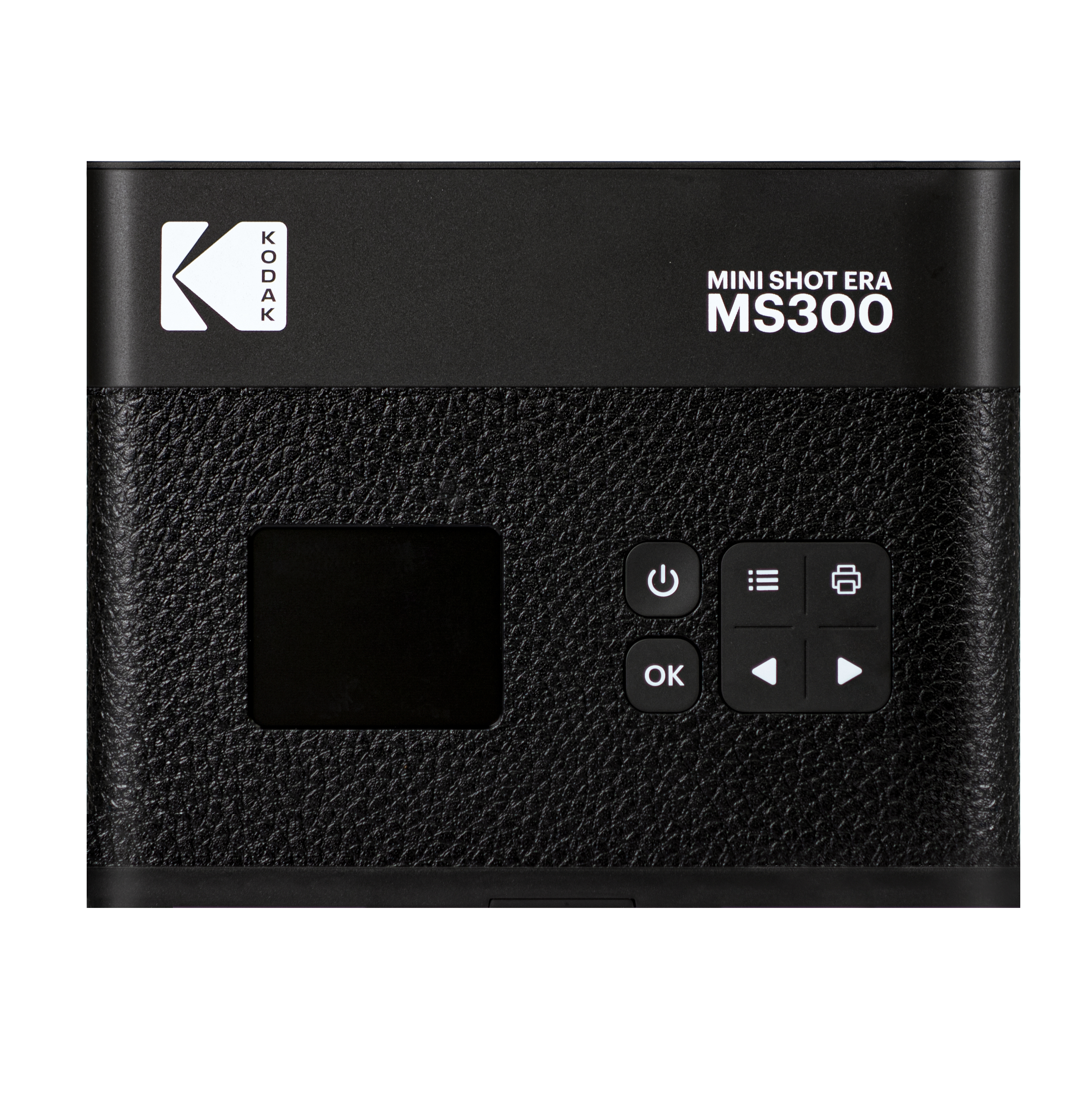 Siyah Kodak Mini Shot Era MS300 kamera. Bir ekranı ve kontrol düğmeleri var. Kodak logosu sol üstte.