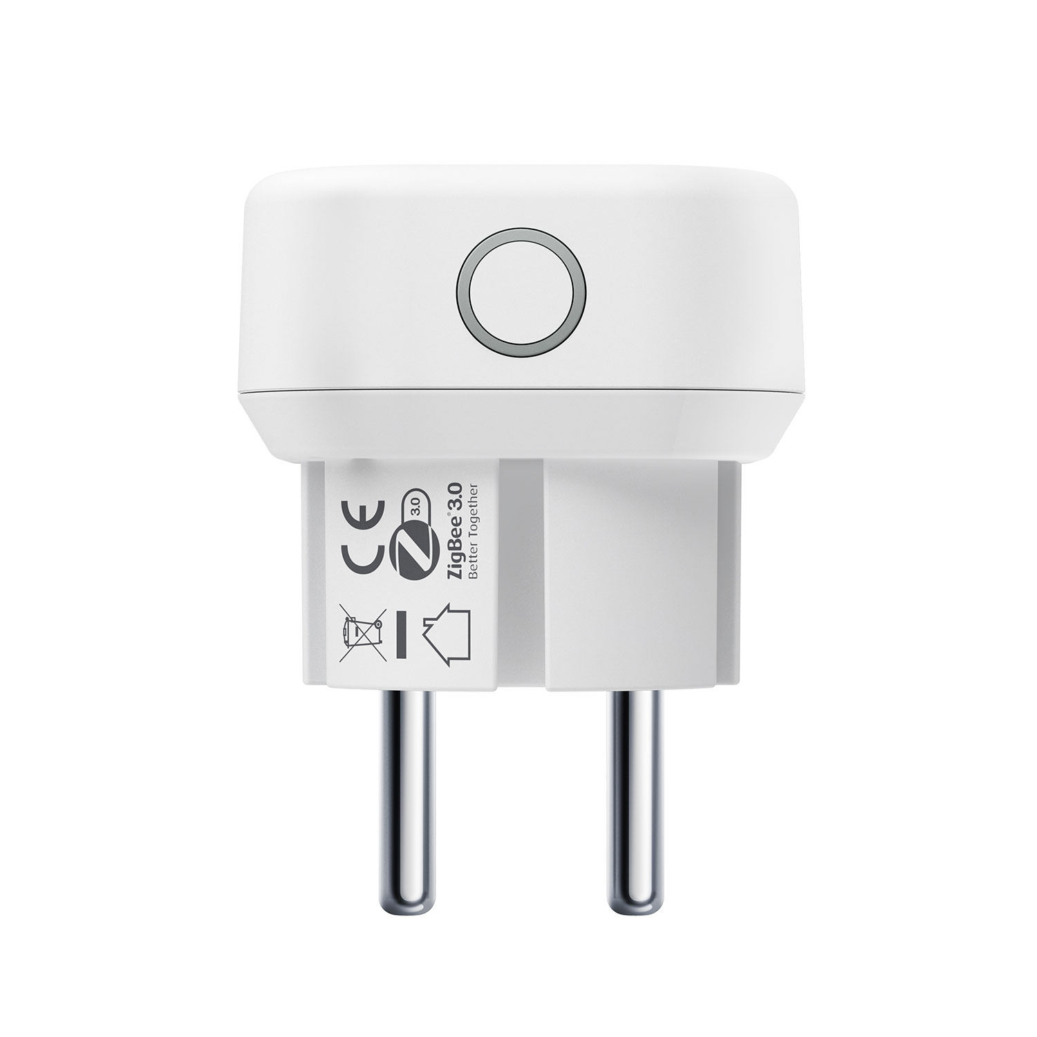 Ein weißer Smart-Stecker mit zwei silbernen Stiften. Er hat einen Knopf und Etiketten für ZigBee 3.0 und CE-Kennzeichnung.