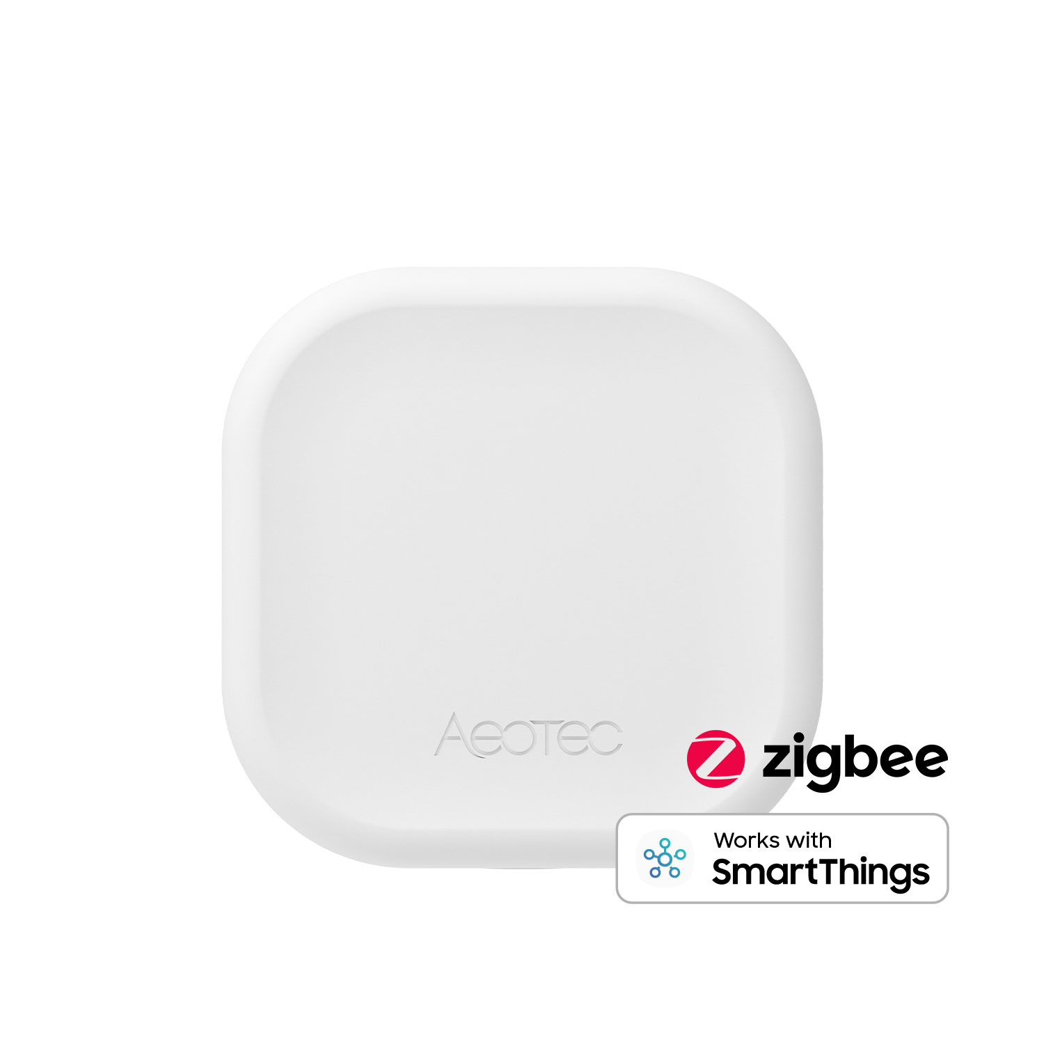 Ein weißes, quadratisches Aeotec-Gerät mit abgerundeten Ecken. Es hat ein Zigbee-Logo und SmartThings-Kompatibilität.