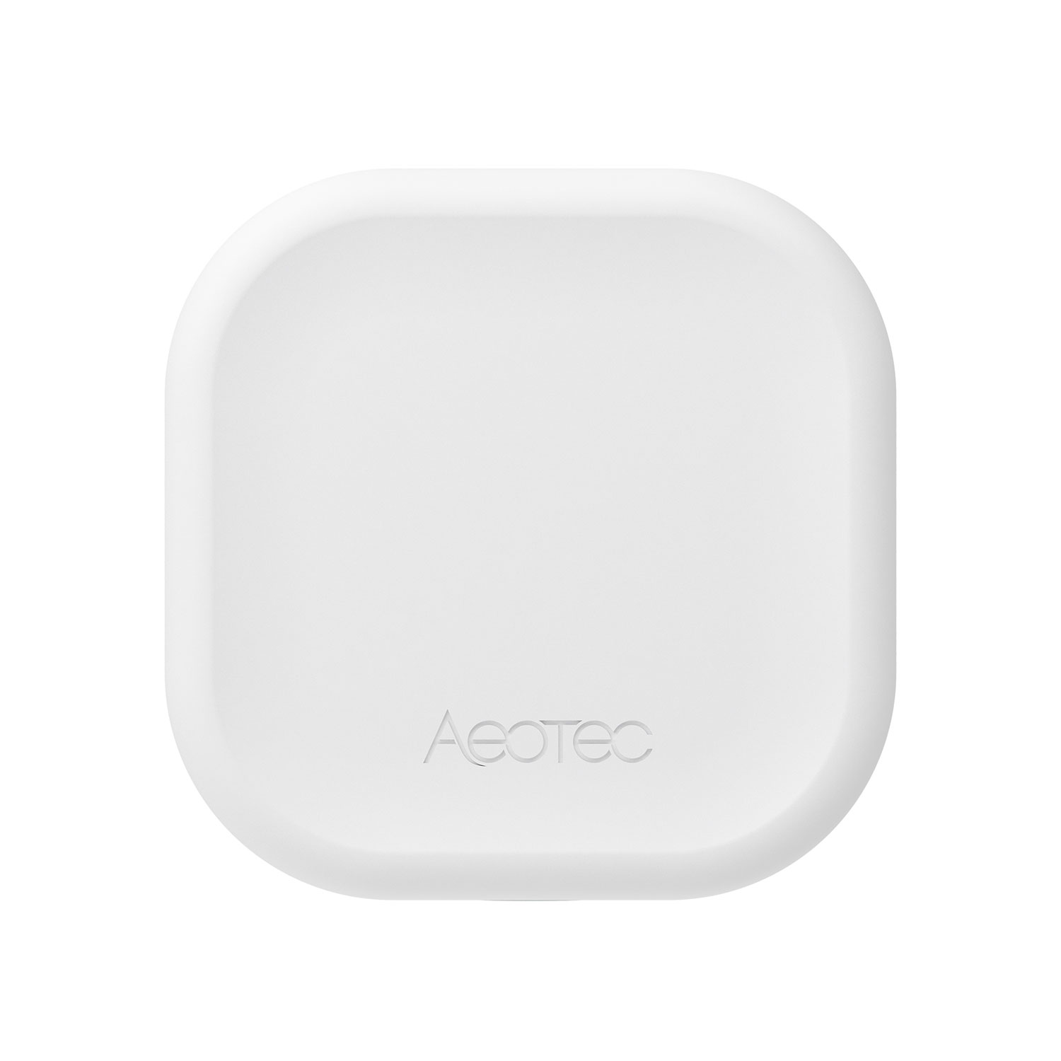Ein weißes, abgerundetes quadratisches Gerät. Das Wort 'Aeotec' ist dezent auf der Unterseite aufgedruckt.