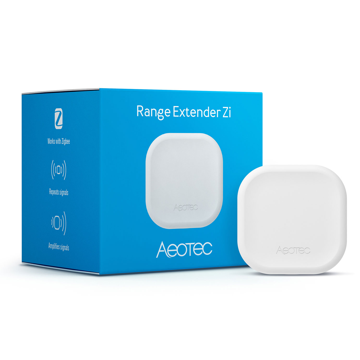 Ein weißes Aeotec Range Extender Zi-Gerät und seine Box. Die Box ist blau mit weißem Text und einer Abbildung des Geräts.