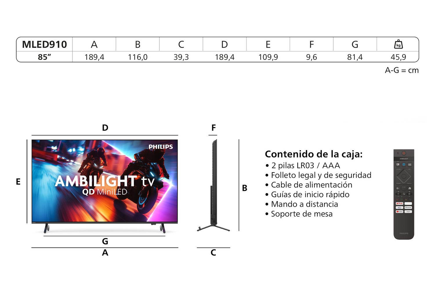La imagen muestra un televisor Philips con dimensiones. Incluye un mando a distancia, lista de contenido y vista lateral.