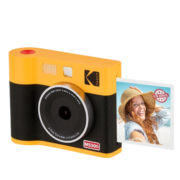Sarı ve siyah bir Kodak Mini Shot 3 Era fotoğraf makinesi, şapkalı bir kadının fotoğrafıyla. Fotoğrafta bir 'Yeni Gelen' etiketi var.