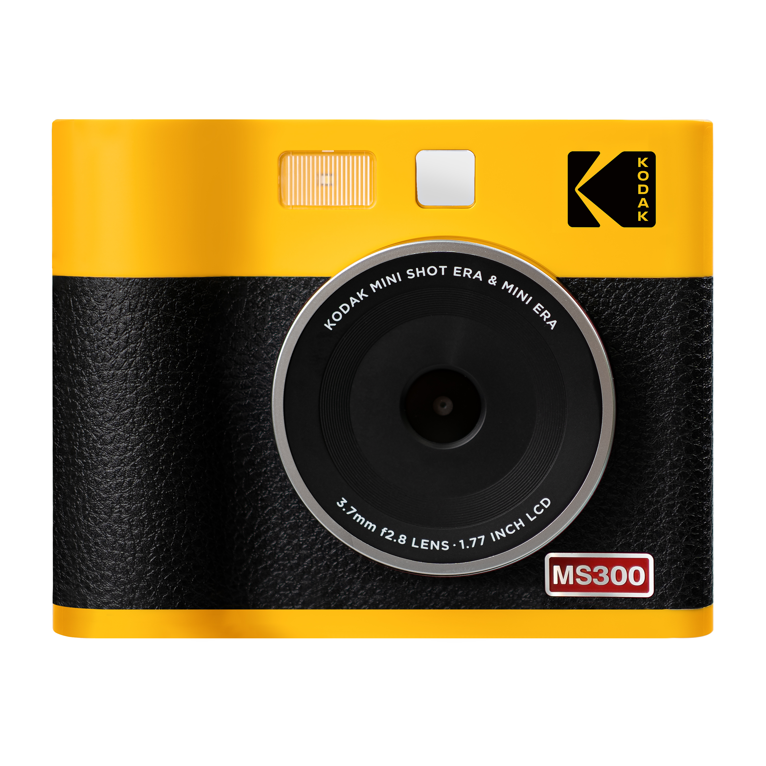 Sarı ve siyah bir Kodak fotoğraf makinesi. Ortasında büyük bir lens ve sağ üstte marka adı var.