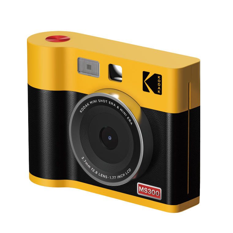 Sarı ve siyah bir Kodak MS300 dijital kamera. Geniş bir merceği, flaşı ve Kodak logosu vardır. Kamera beyaz zemin üzerinde izole edilmiştir.