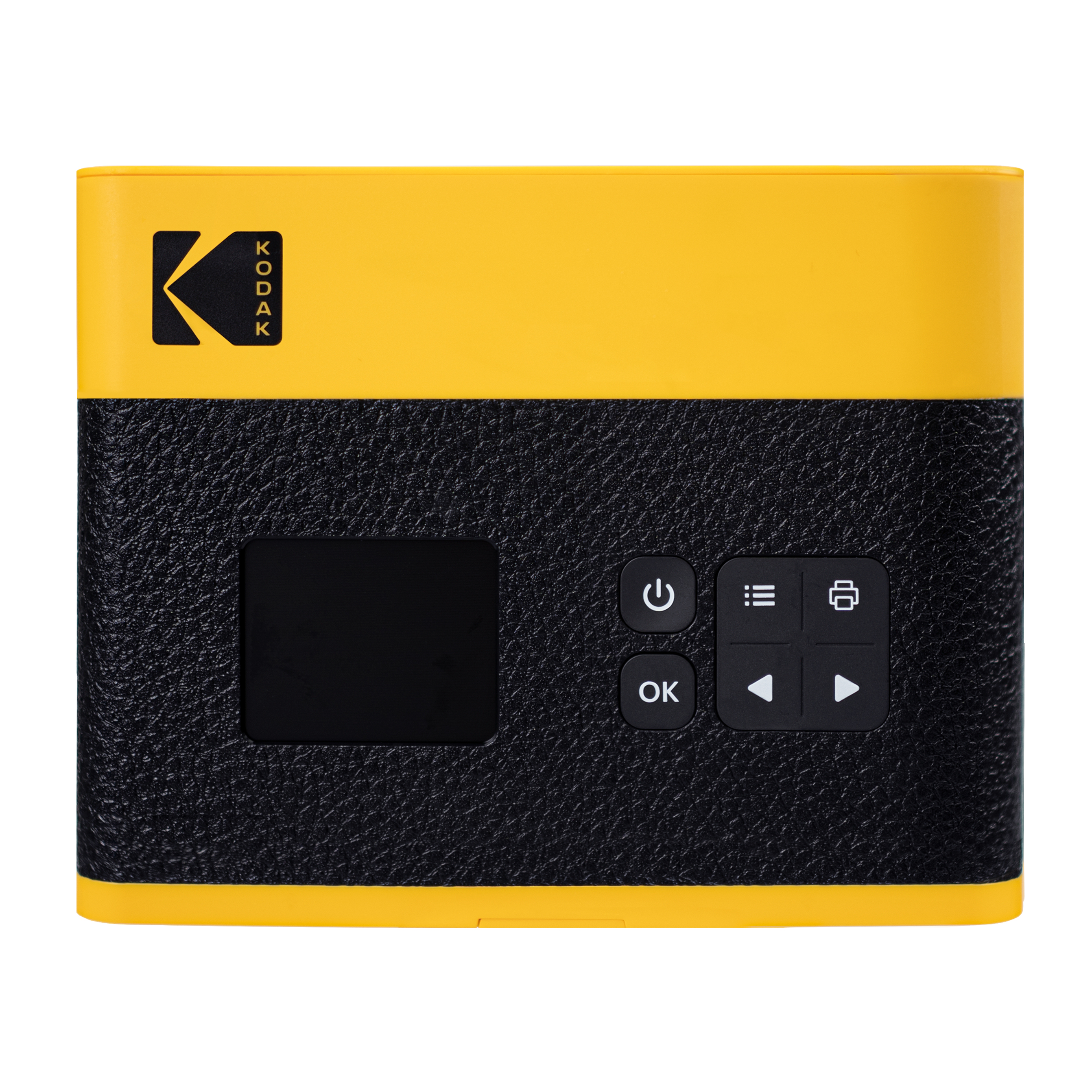 Sarı ve siyah bir Kodak projektör. Kontrol düğmeleri ve siyah bir ekranı var. Kodak logosu sol üstte.