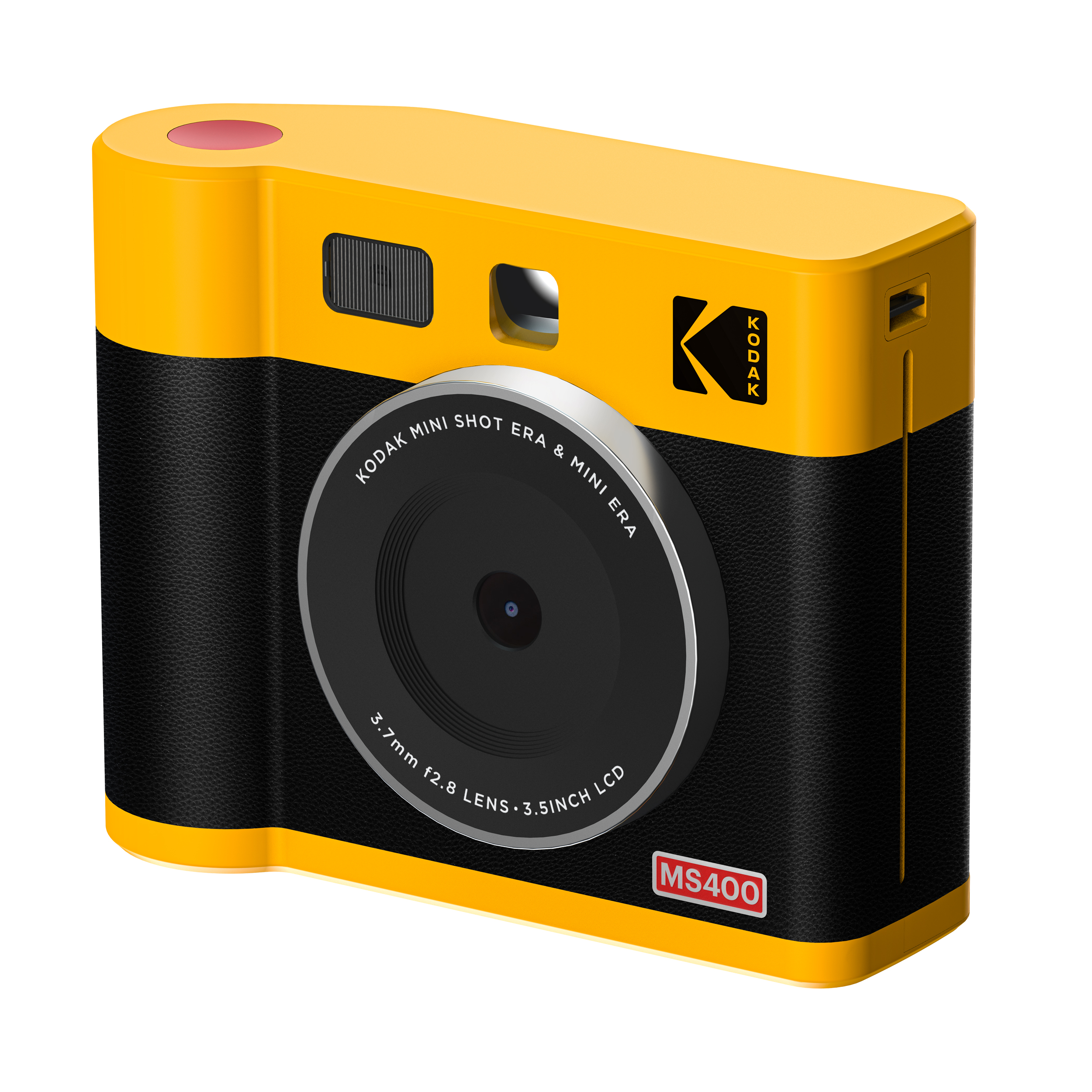 Sarı ve siyah bir Kodak kamera. Bir merceği ve markanın logosu var. Model MS400.