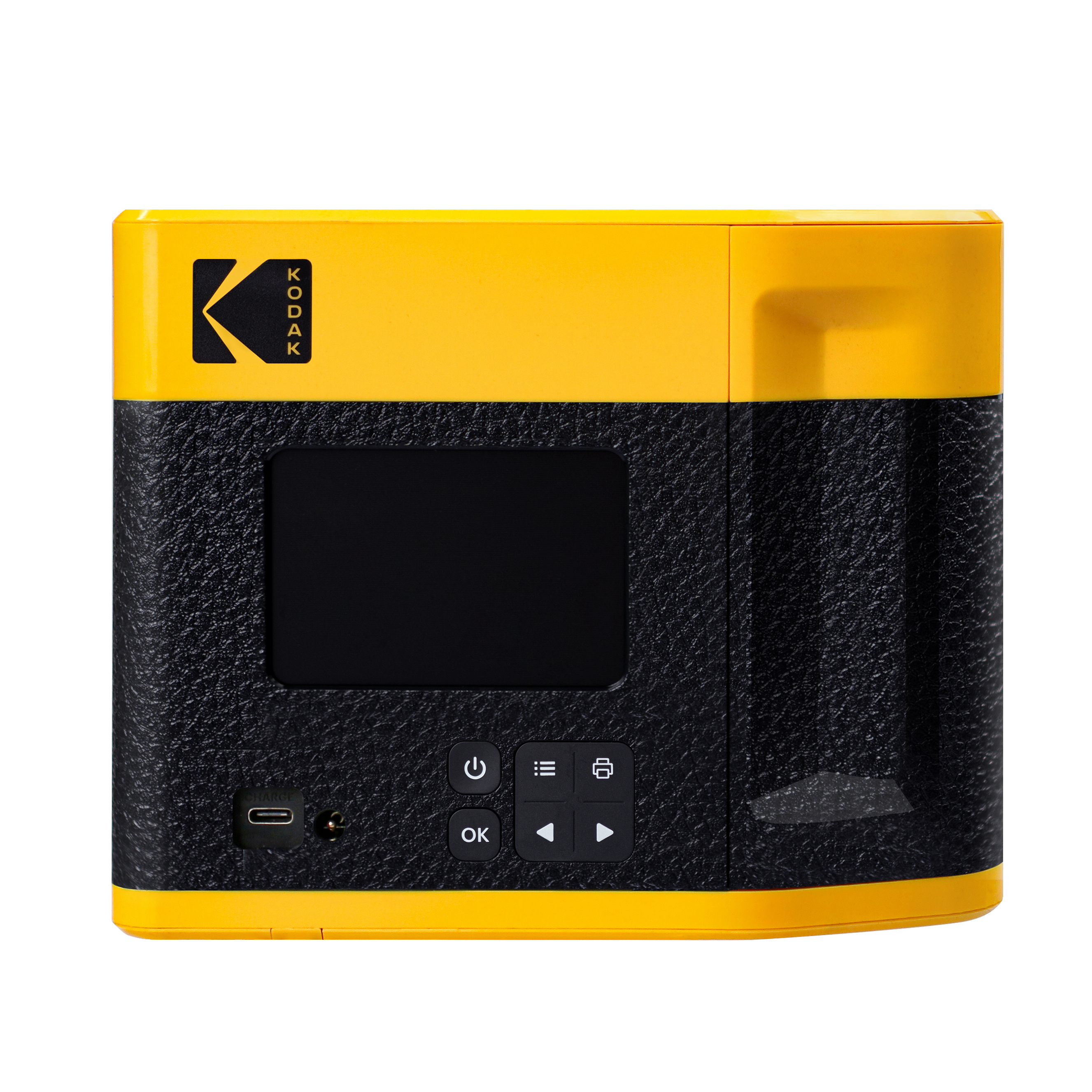 Bir Kodak projektörü. Sarı ve siyah gövde, kontrol düğmeleri ve ekran. Sol üstte Kodak logosu.
