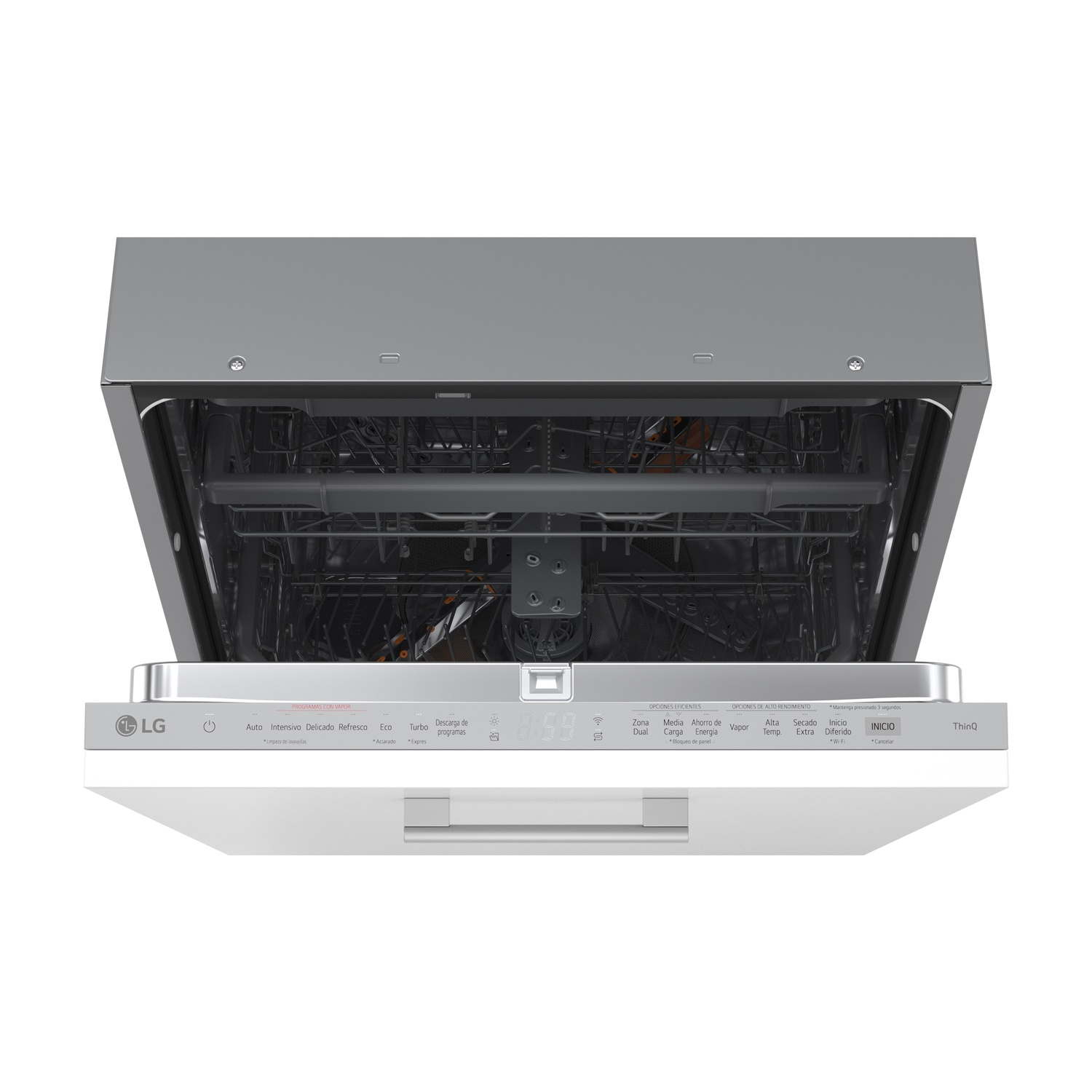 Lavastoviglie LG aperta. Griglie interne visibili. Il pannello di controllo mostra opzioni come auto, intensivo ed eco. Elettrodomestico argento e bianco.